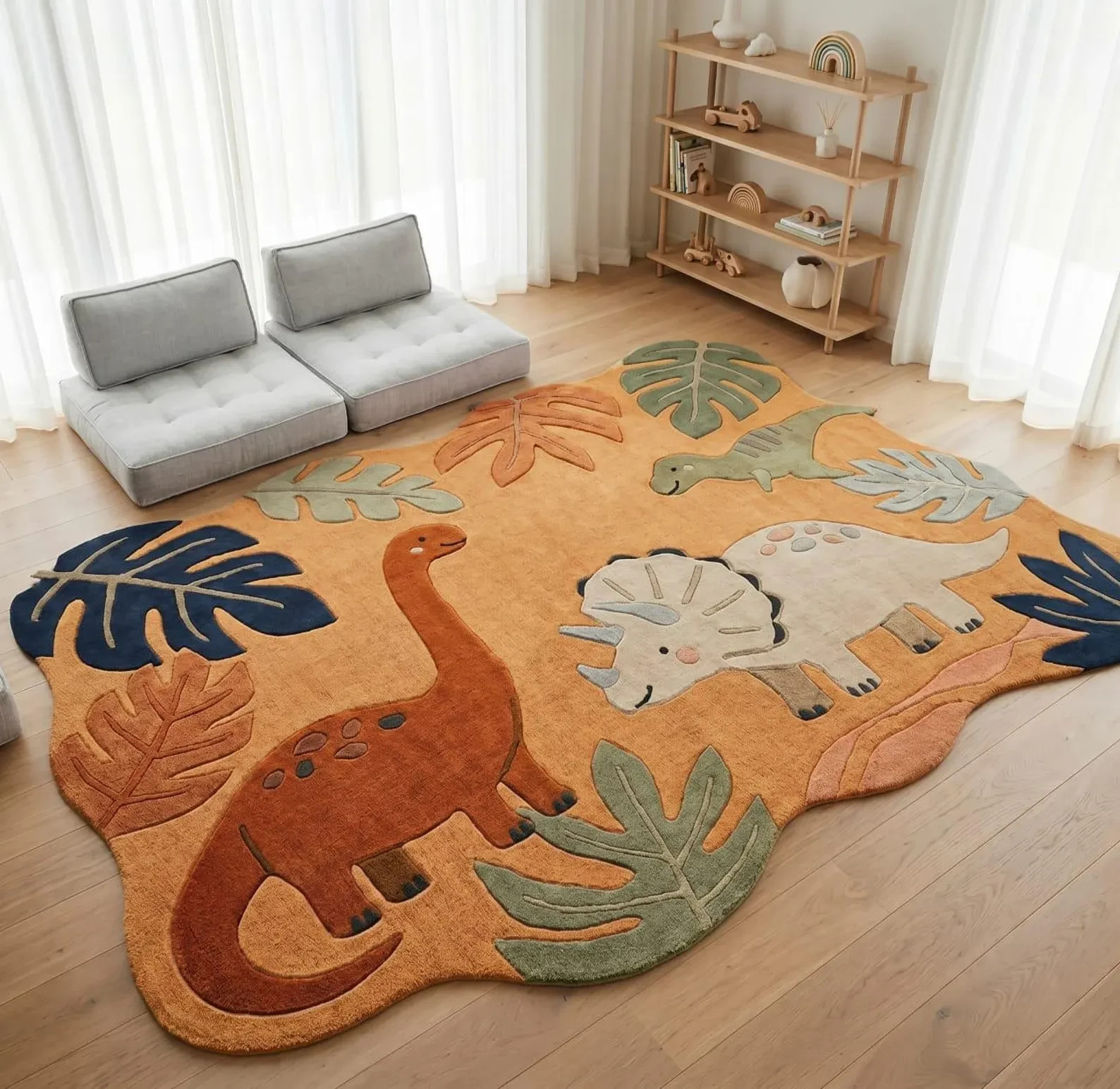 Hand Tufted Wool Dinosaur Rug Mustard Sage Nursery Carpet Scandinavian Modern