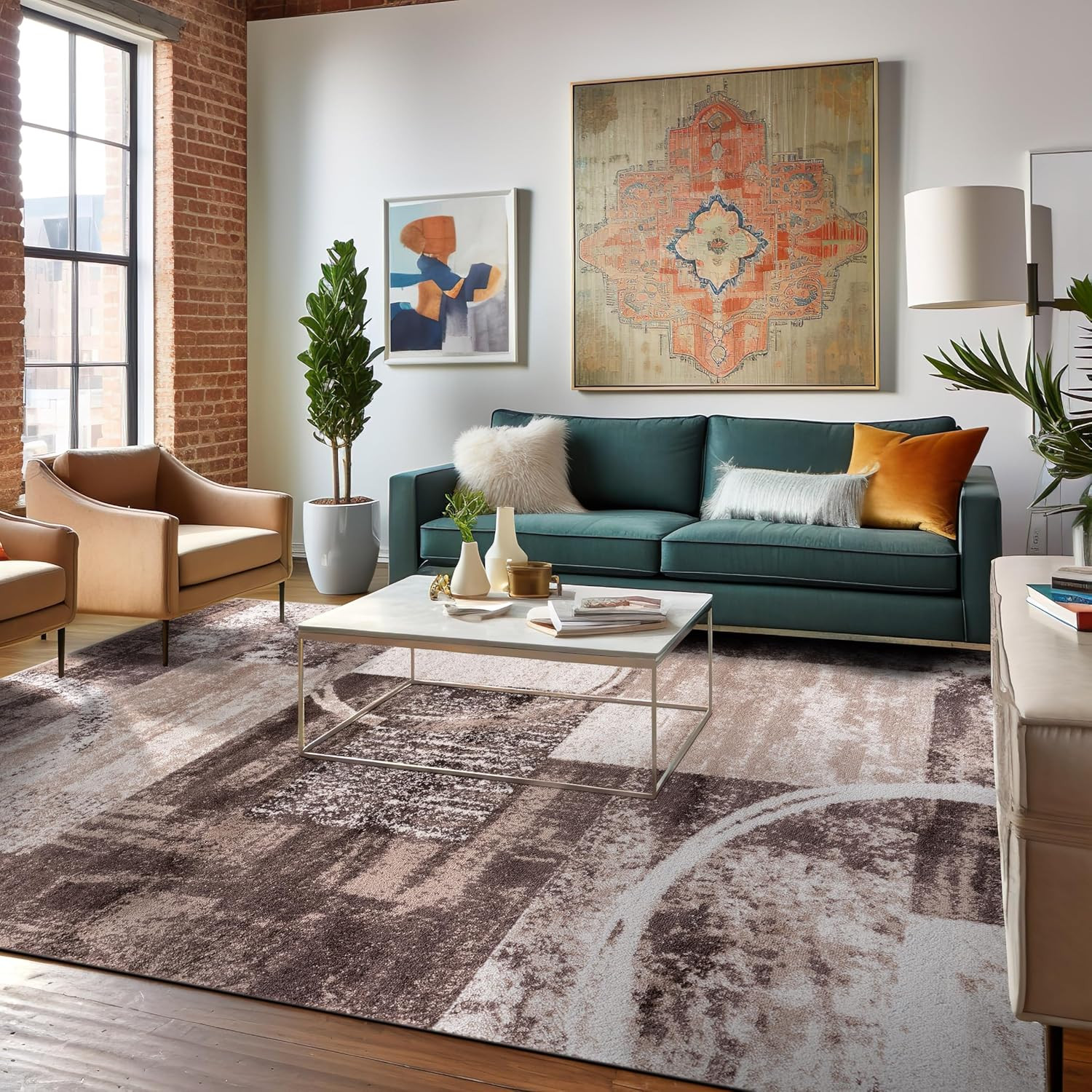 Modern Abstract Circle Area Rug, Non-Shedding, 6’6″ x 9′, Brown