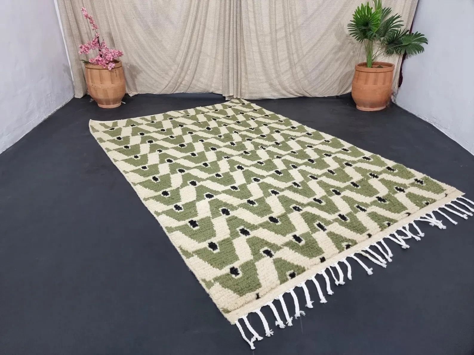 Gorgeous Beni Ourain Rug- Green And Beige Rug- Emerald Green Rug