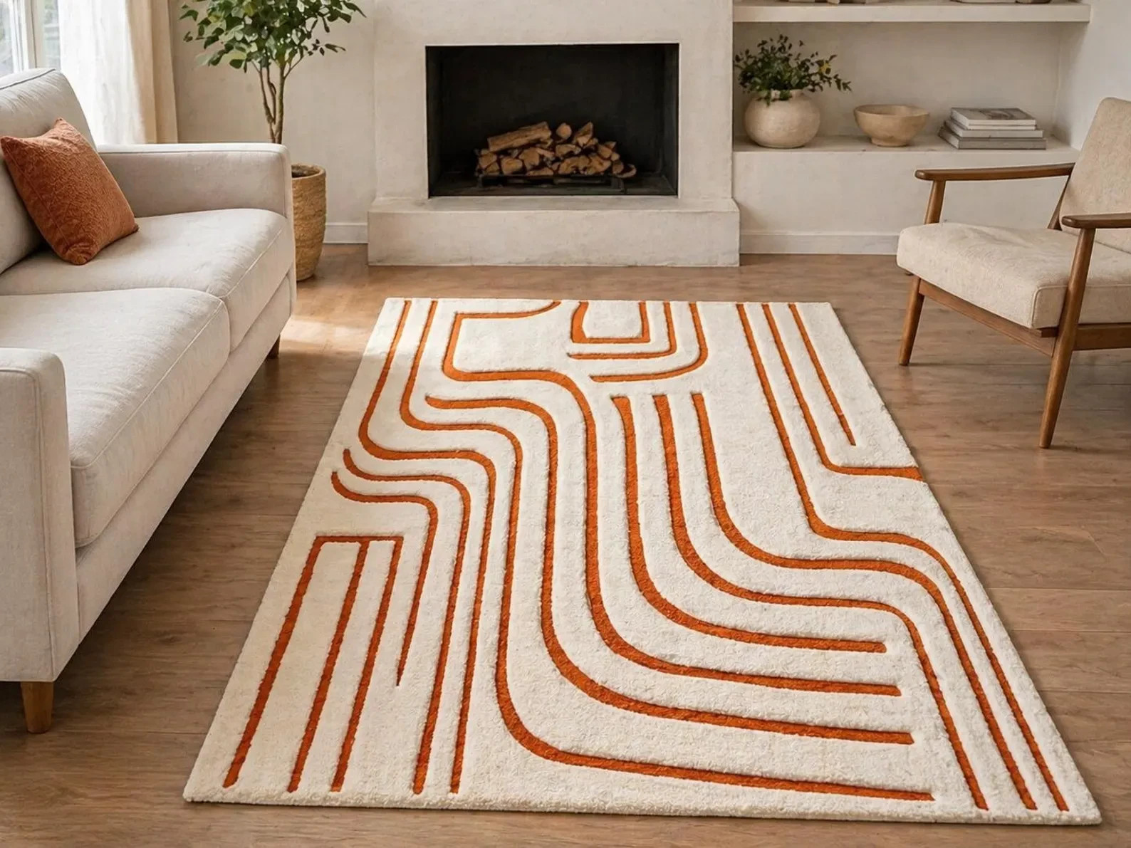 Luxury Hand Tufted Geometric Rug, Cream & Rust Modern Abstract Area Rug Carpet.