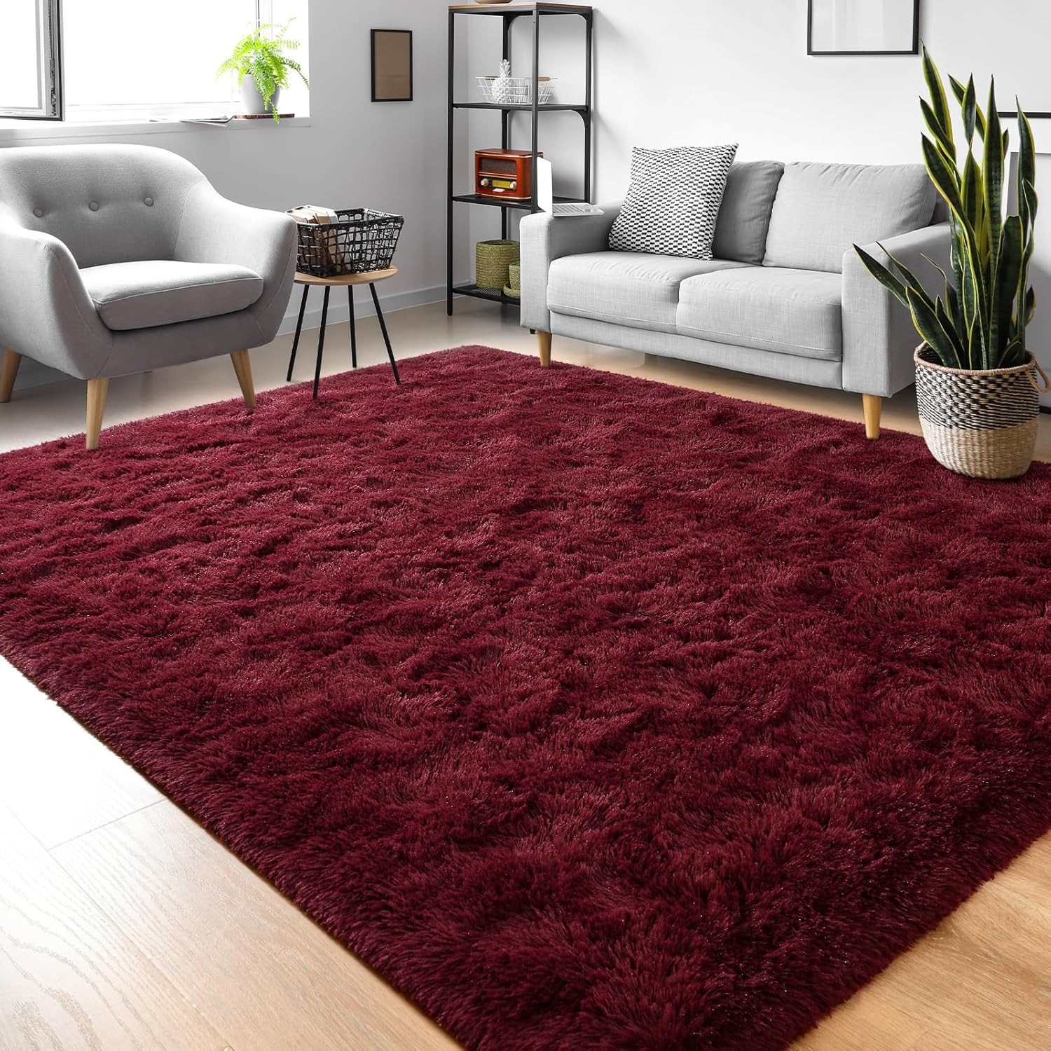 Fluffy Burgundy Red Rugs for Bedroom, 4X6 Feet Dark Red Area Rug for Living