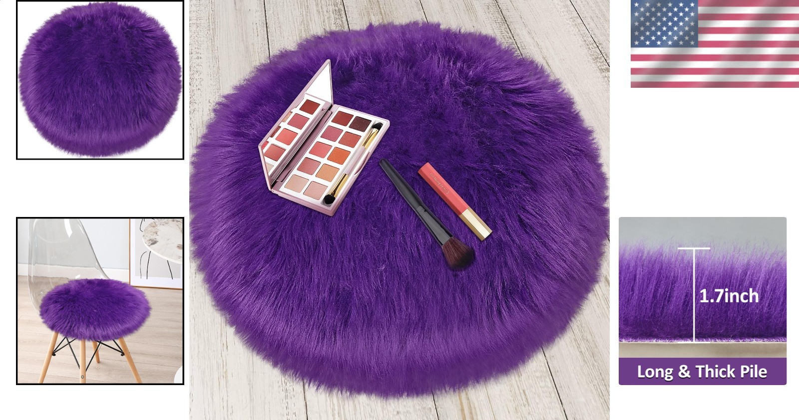 Faux Sheepskin Circle Rug 2ft Purple Plush Shaggy Mat Seat Pad Sofa Throw Decor