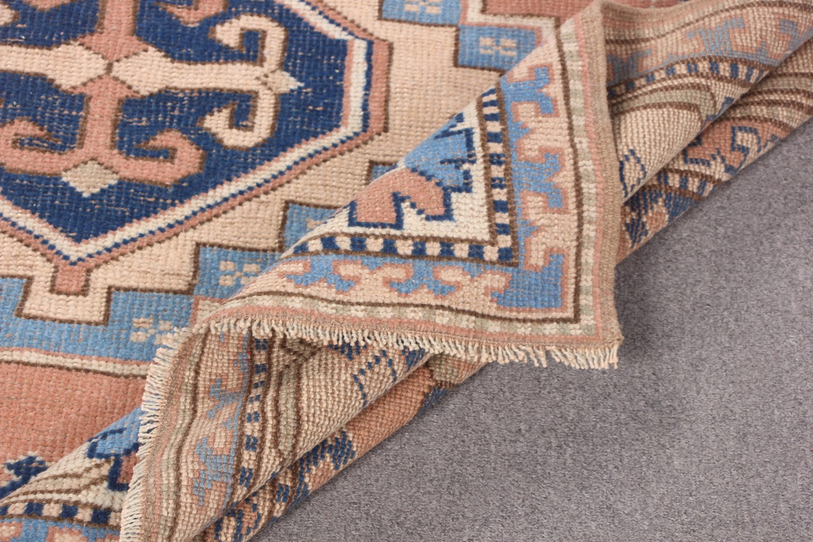 Turkish Vintage Rug, 5,8×9 ft Rug, Orange Blue Check Wool Rug
