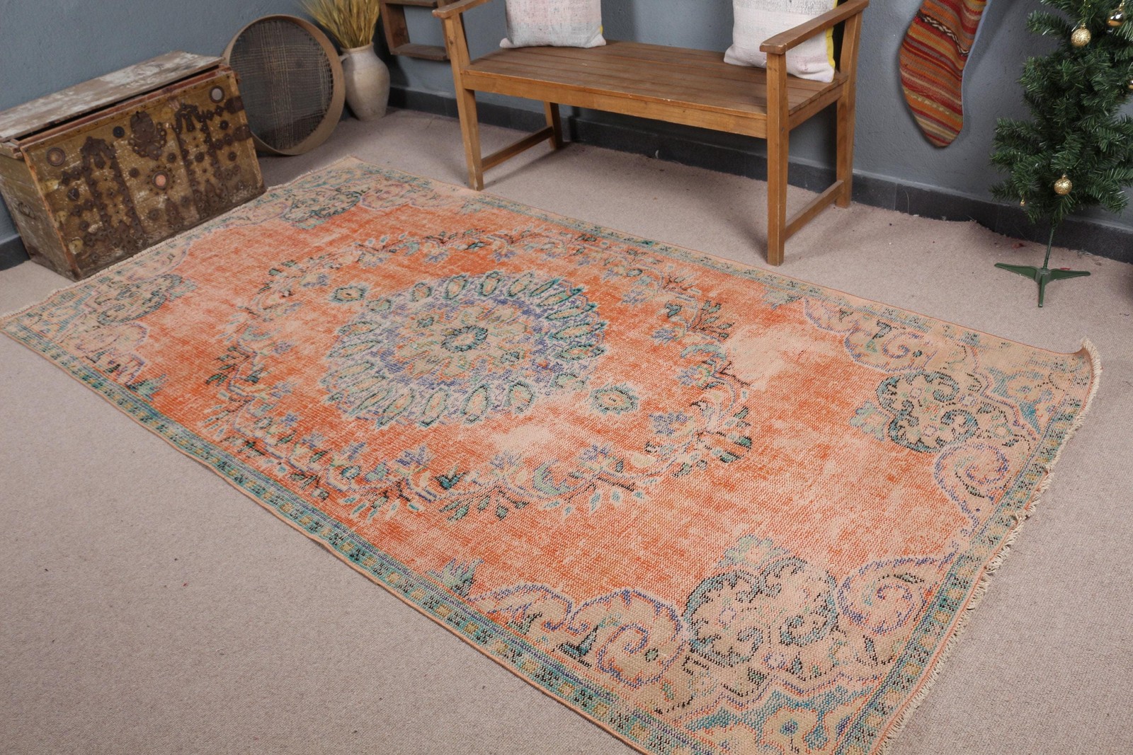 4,8×9,2 ft Turkish Large Rug, Orange Blue Vintage Southwestern Wool Rug