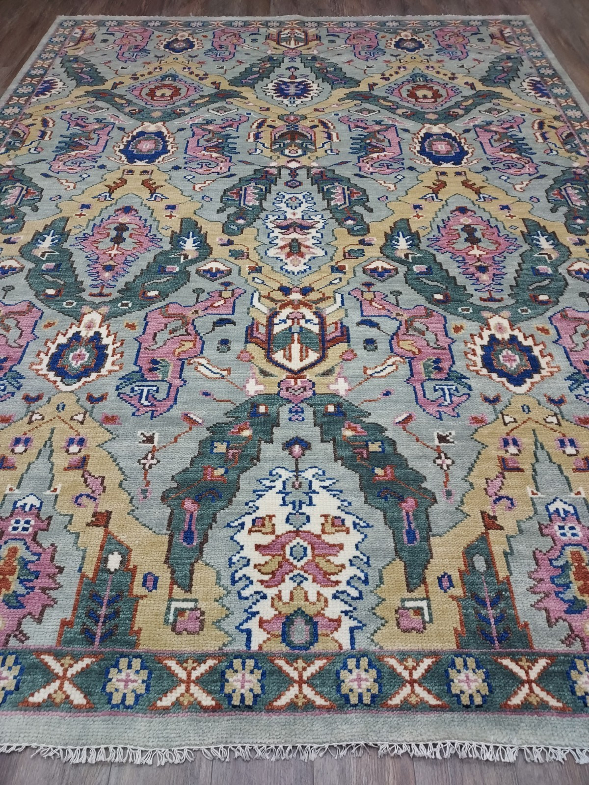 TURKISH OUSHAK RUG.MODERN MULTICOLORED AREA RUG 9×12 Ft, HANDMADE BOHEMIAN RUG