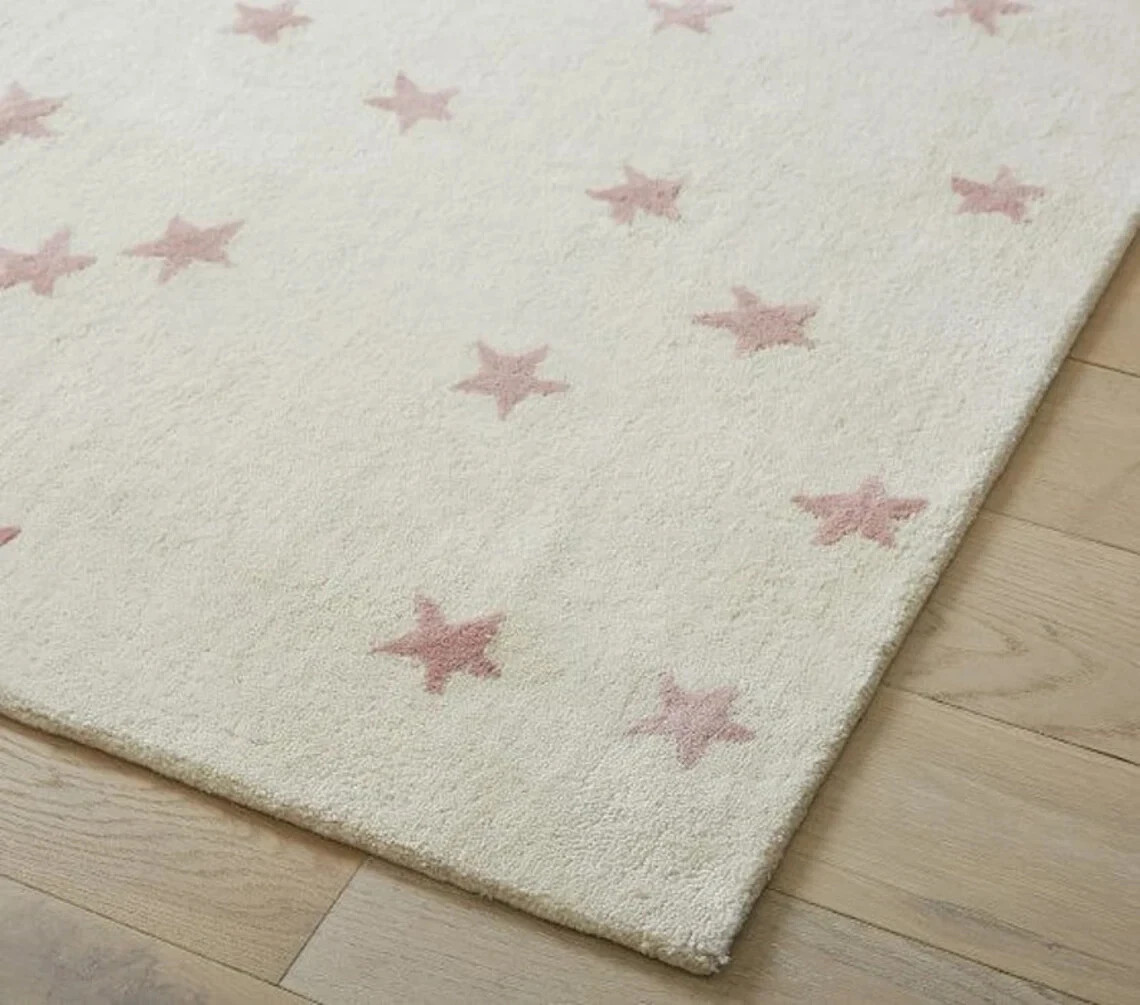 New Hand Tufted Star Rug Kids Rug White Rug Pink Rug Children Nursery Woolen Rug