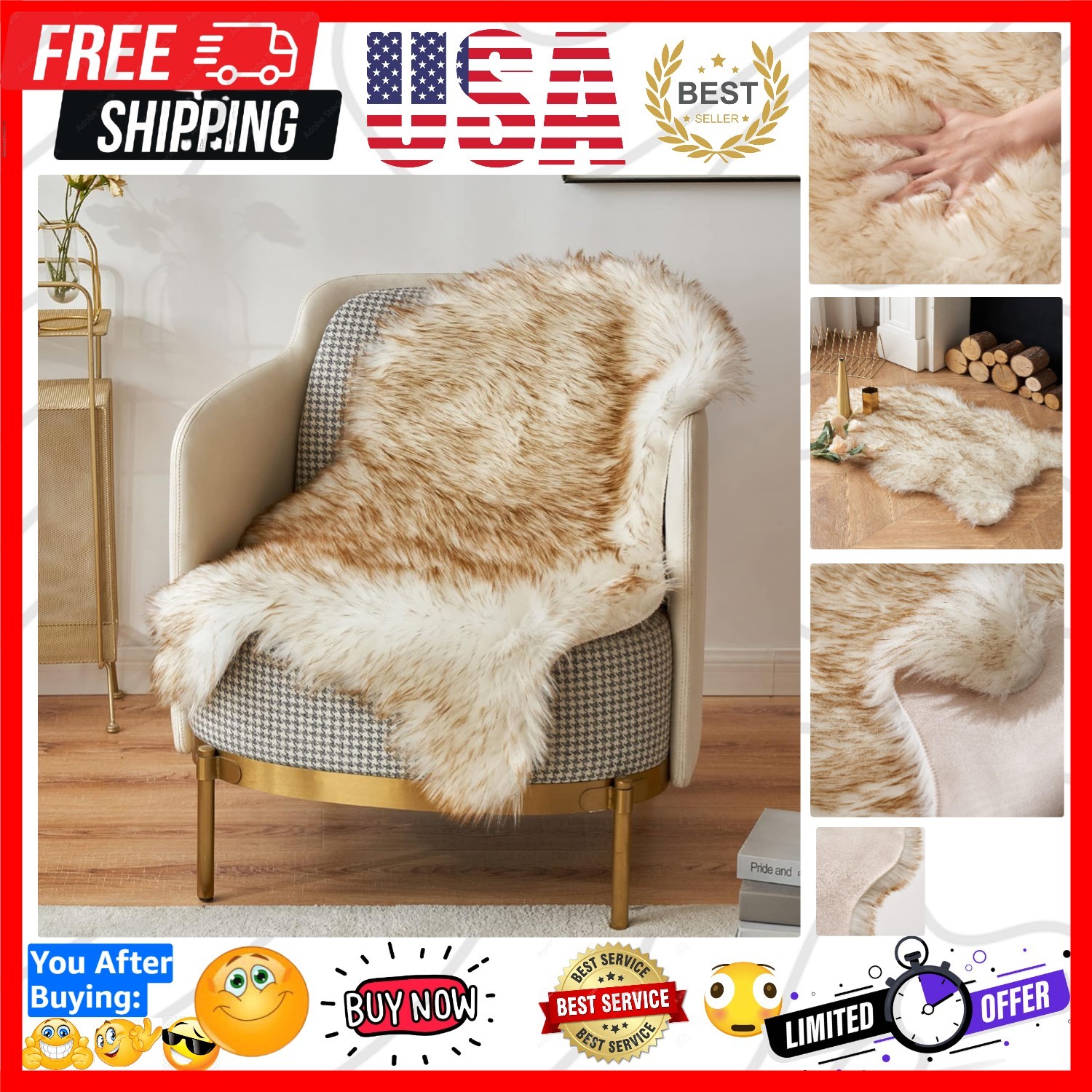 Super Soft 2×3 ft Faux Fur Rug – Stylish Sheepskin Area Rug for Home Decor
