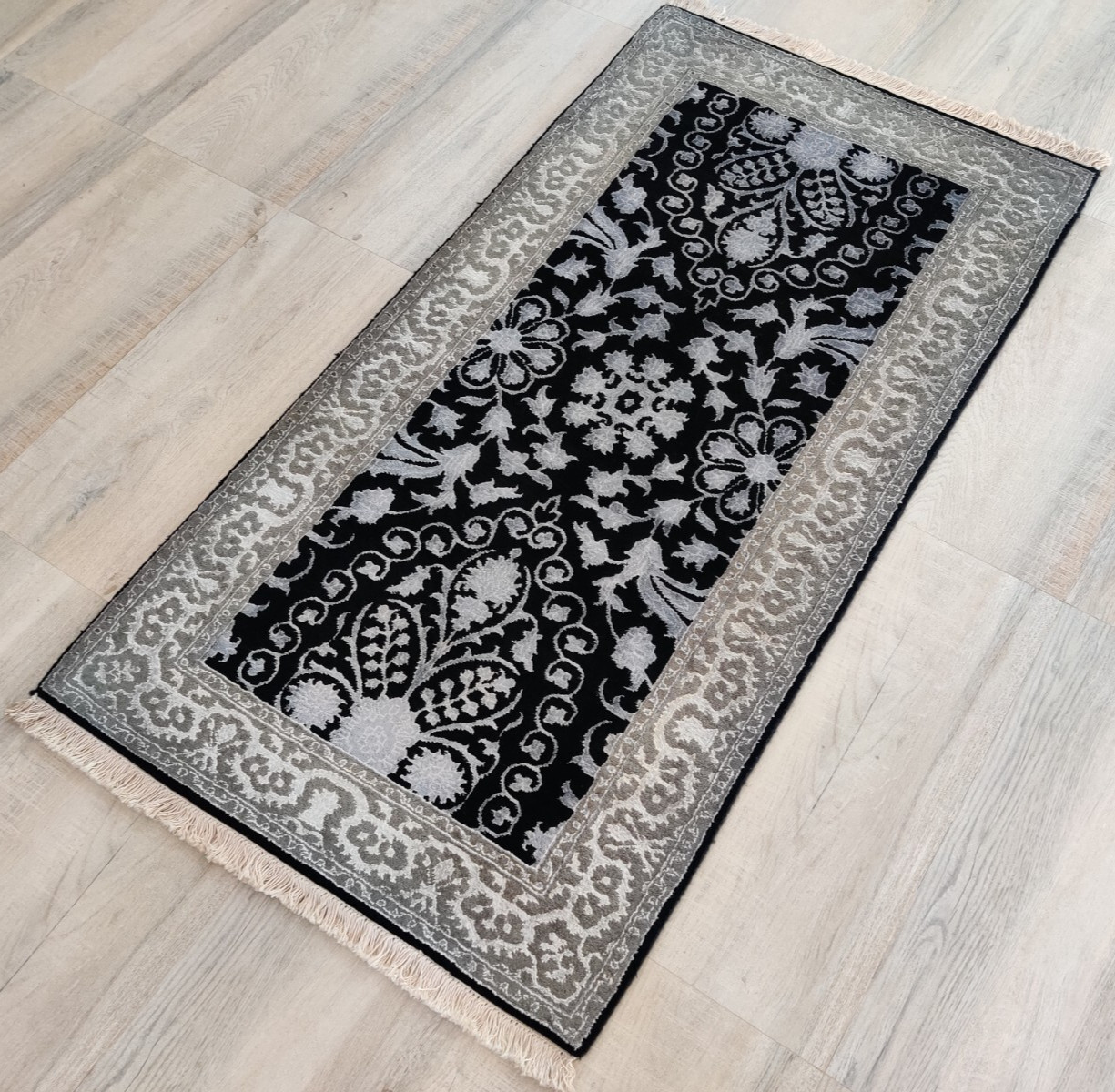 Vintage Hand Knotted Wool Rug for Bedroom Oriental Black Grey 70 x 140 cm