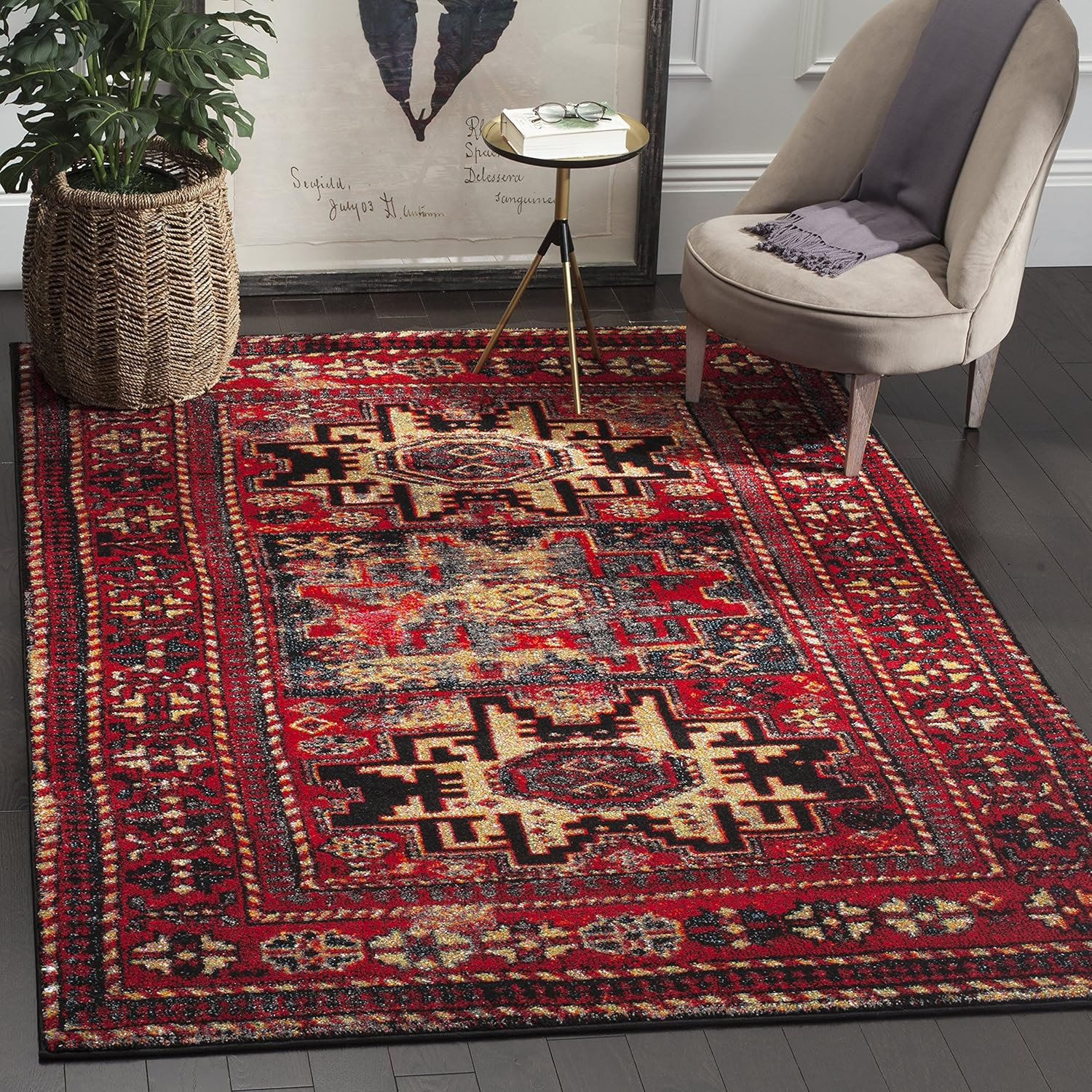 Vintage Hamadan Collection Area Rug – 4′ Square, Red & Multi, Oriental Tradition