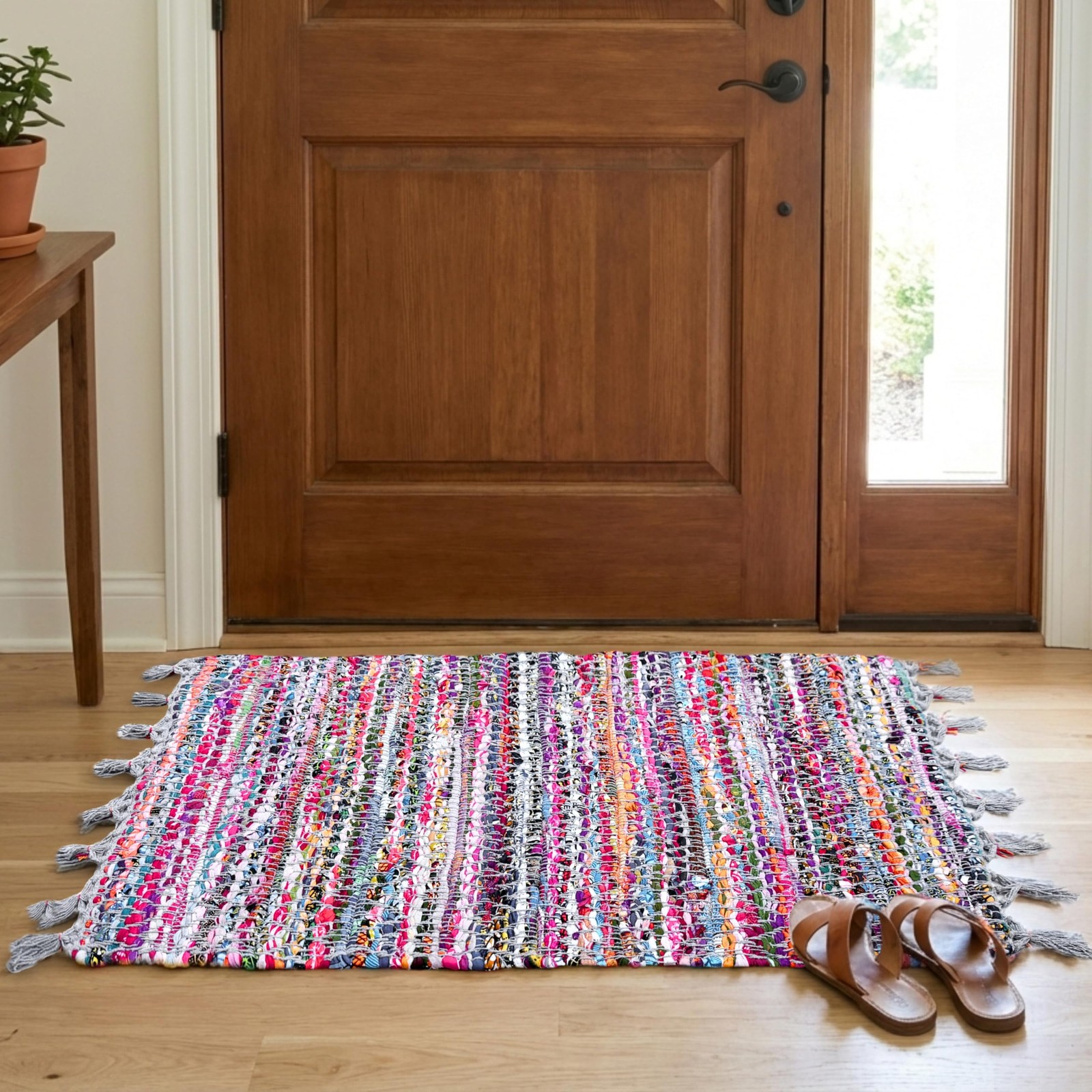 Multicolor Chindi Rug 24×36 Inch Hand Woven Reversible Cotton Rag Floor Mat