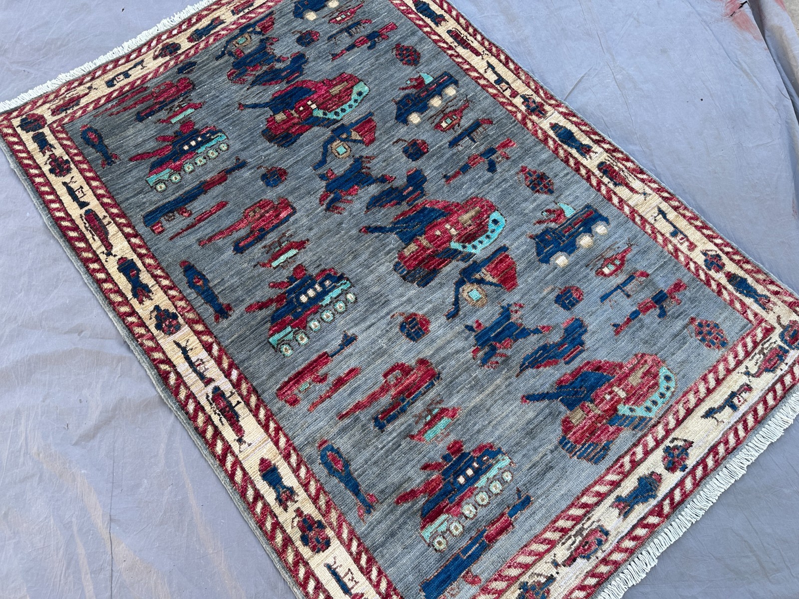 3’4×4’10 Afghan War Rug Hand Knotted Wool Oushak Tribal Oriental Boho Office Rug