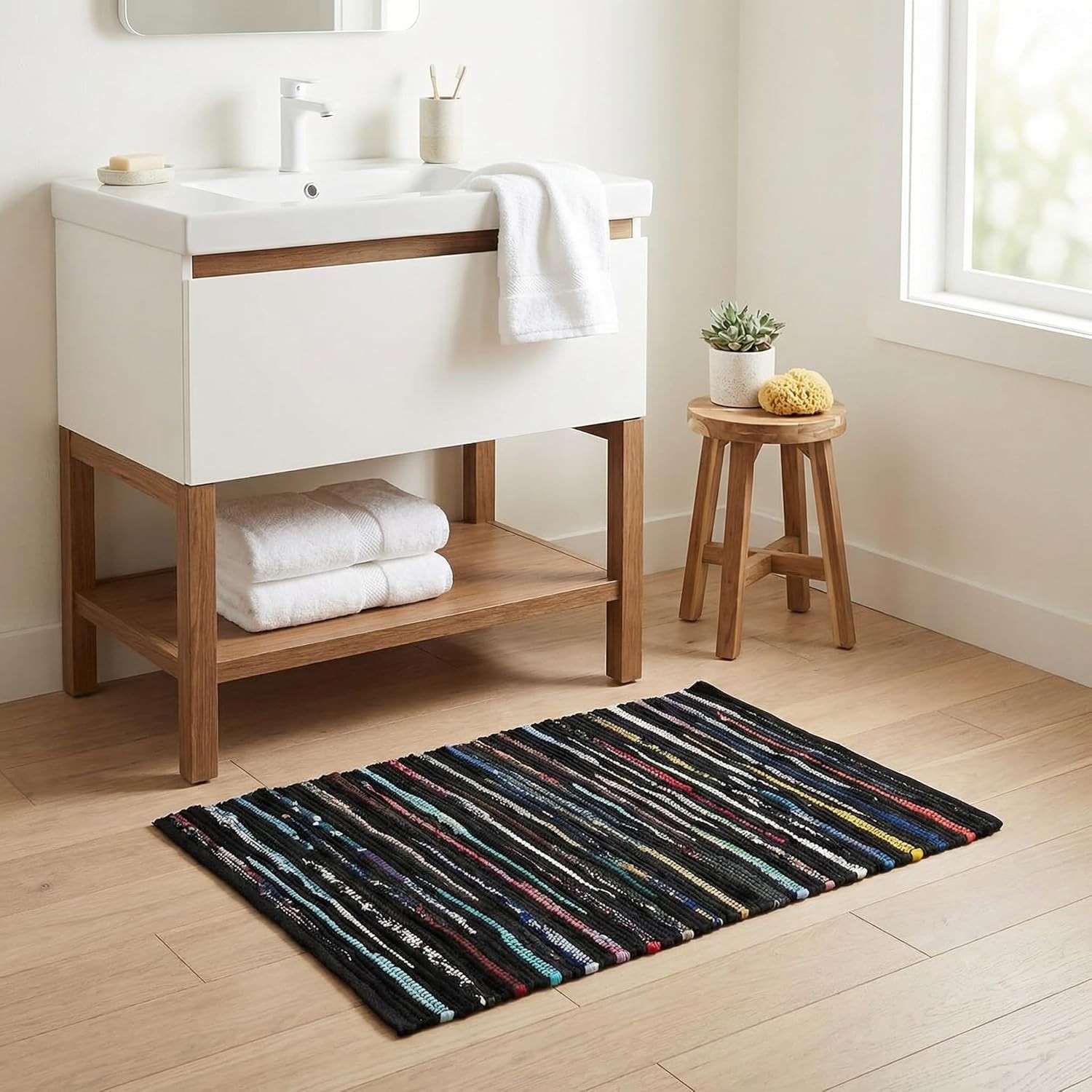 Cotton Hand Woven Area Rug 2×3 Feet – Dark Multi Accent for Farmhouse Charm