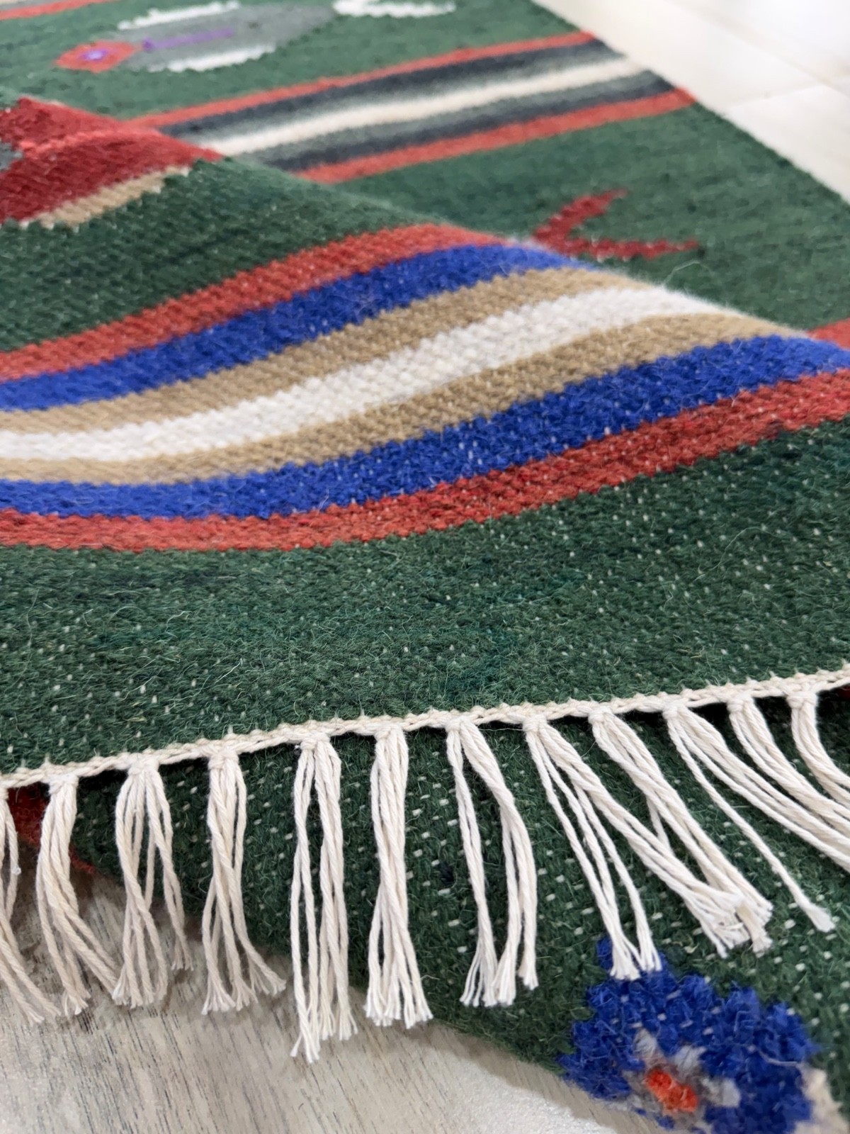 Hand Woven Wool Area Rug 3×5 Forest Green Flat Weave Indian Folk Art Dhurrie Rug
