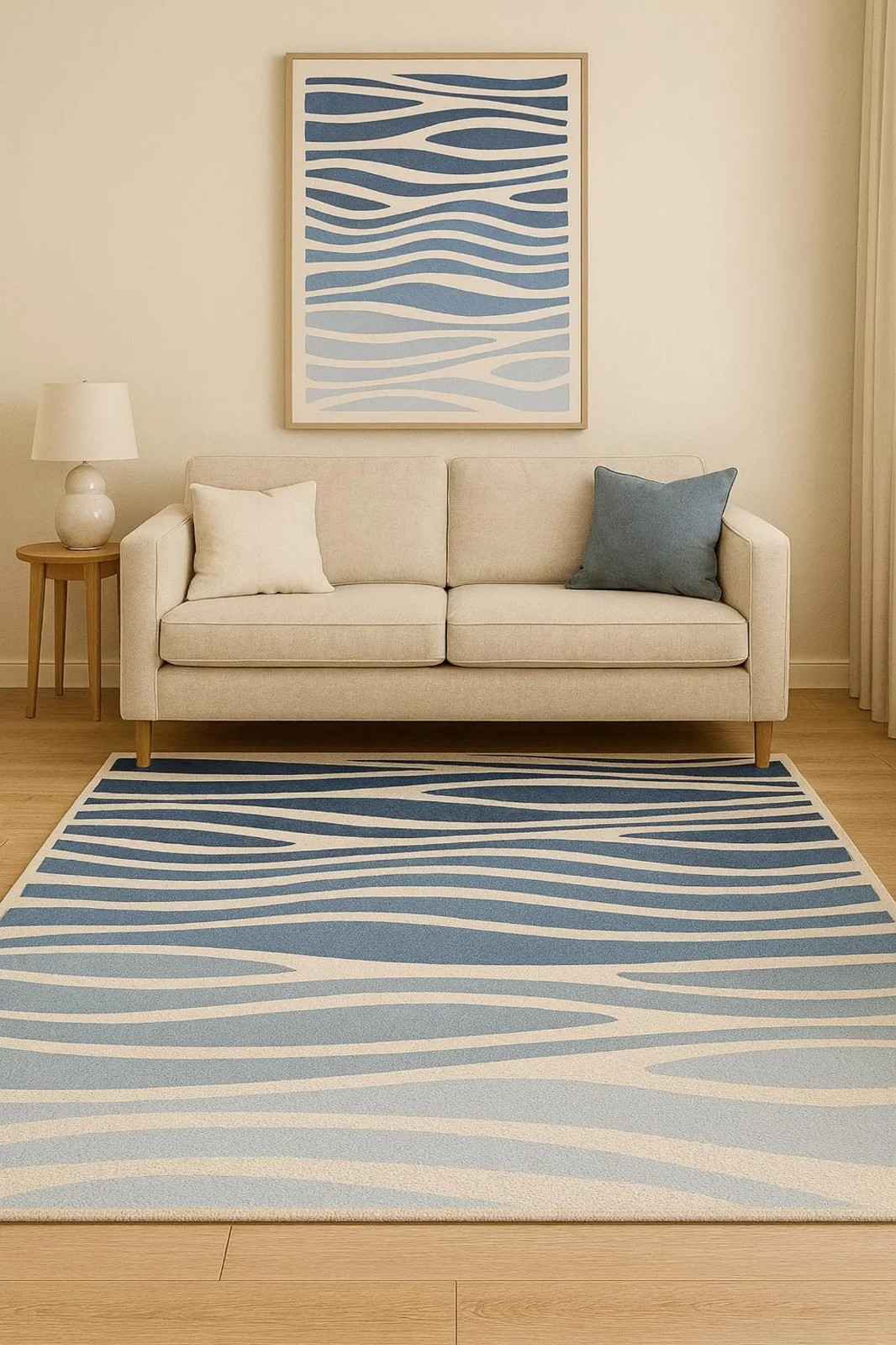 Hand-Tufted Wave Design Rug – Blue & Ivory Modern Coastal Style Soft Wool Carpet