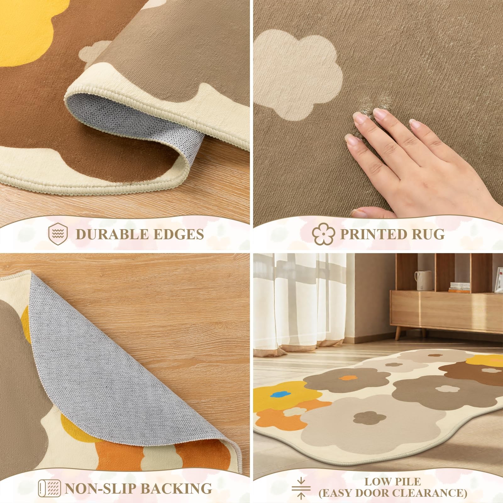 Floral Cute Rug 3×5 Irregular Scalloped Rug Beige Flower Shaped Indoor Mat Be