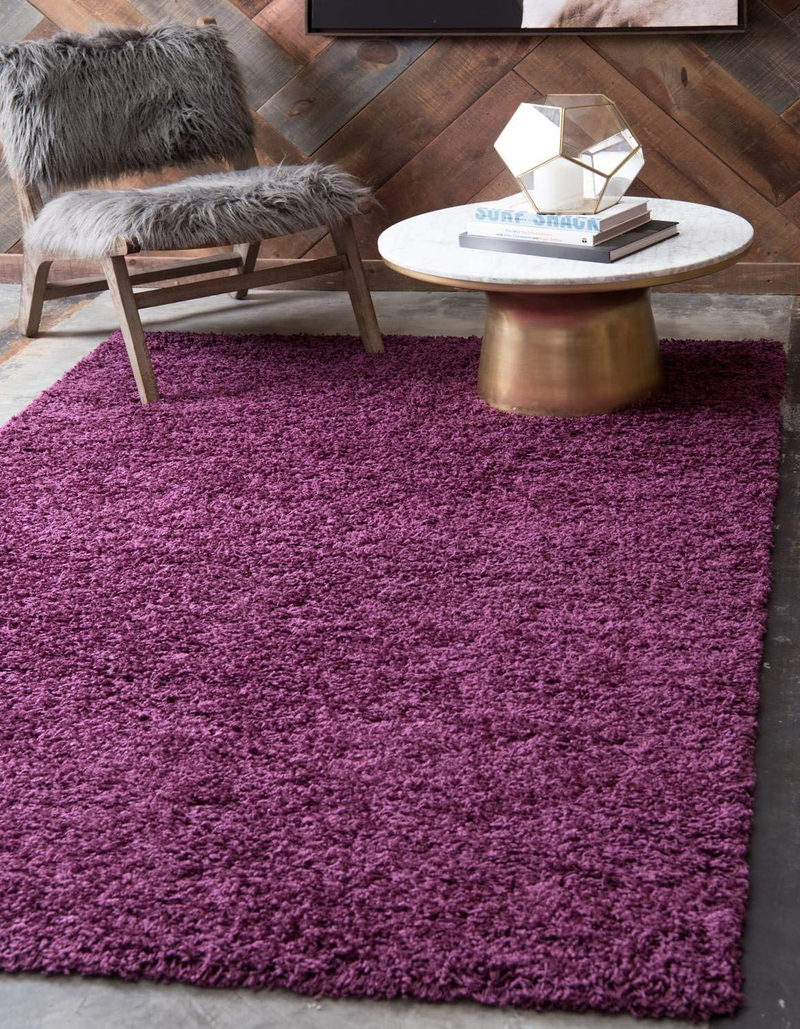 Solid Shag Collection Area Rug (5′ 1″ X 8′ Rectangle Eggplant Purple)