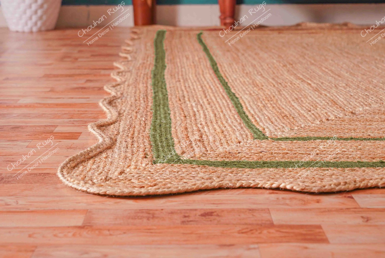 Vintage style Natural Jute Rug with Green Border Boho Large Area Rugs For Home