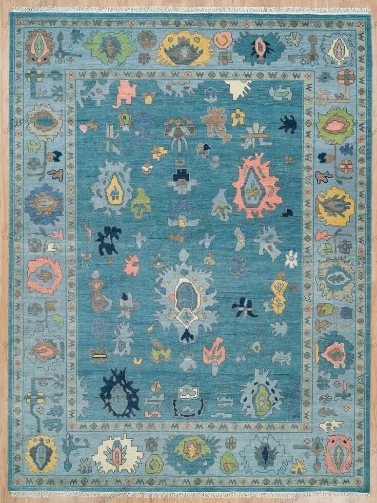Aqua Teal & Navy Area Rug Contemporary Oushak Rug 8×10 Colorful Living Room .