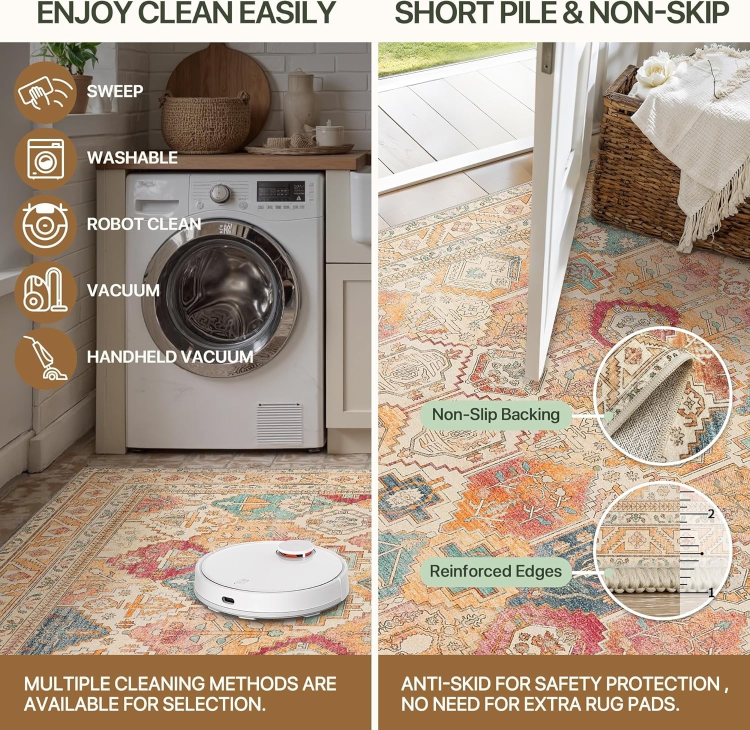 Chenille Low Pile Washable Rug 8×10 – Stylish Non-Slip Carpet for Living Room