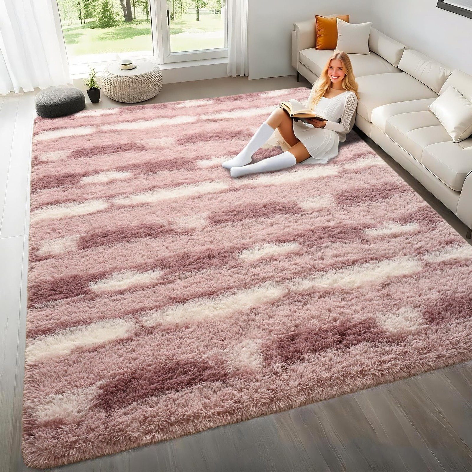Pink and White Rugs for Bedroom Girls, 8×10 Fluffy Soft Plush Area Rugs for L…