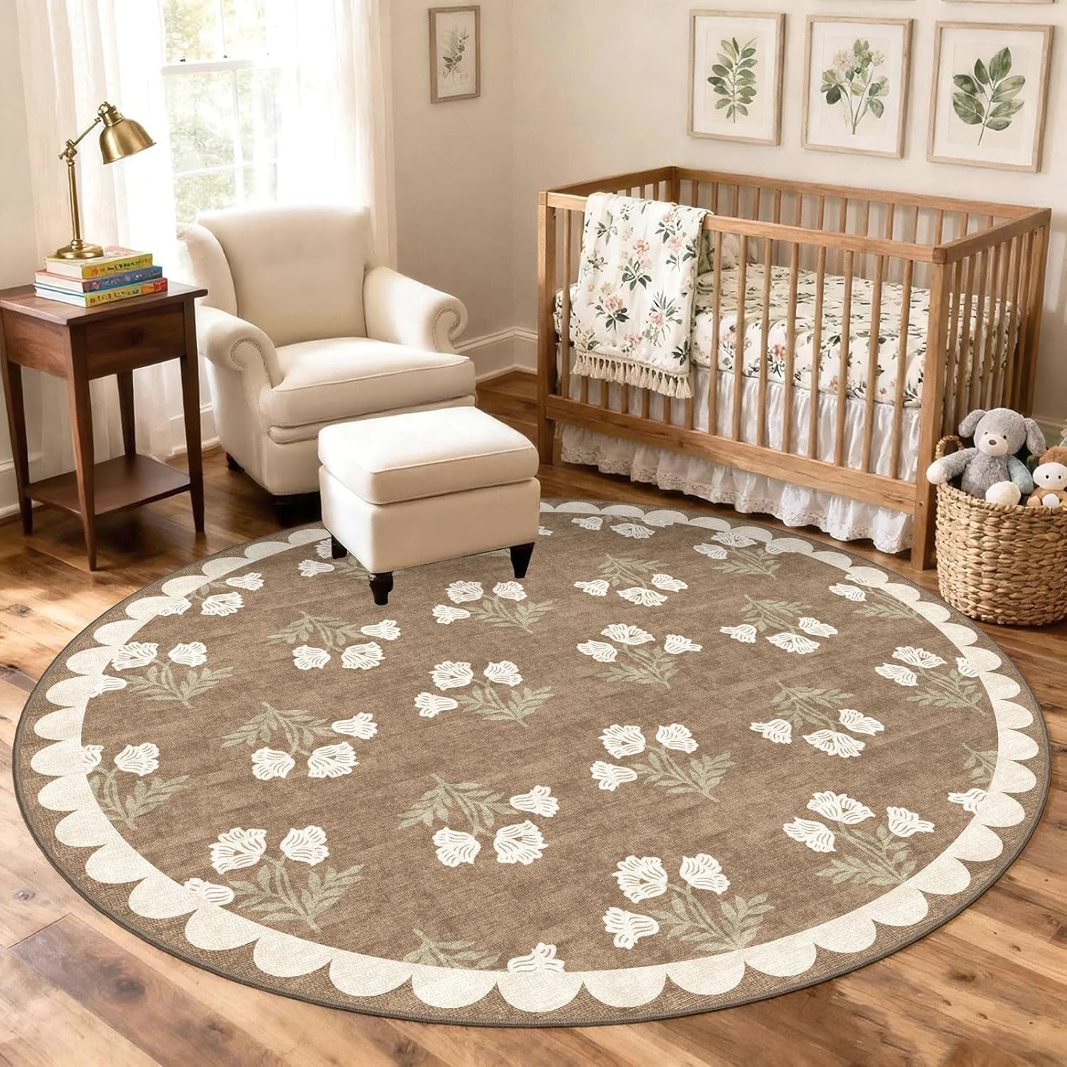Tan 6ft Round Area Rug for Living Room – Large Washable Floral Neutral Farmho…
