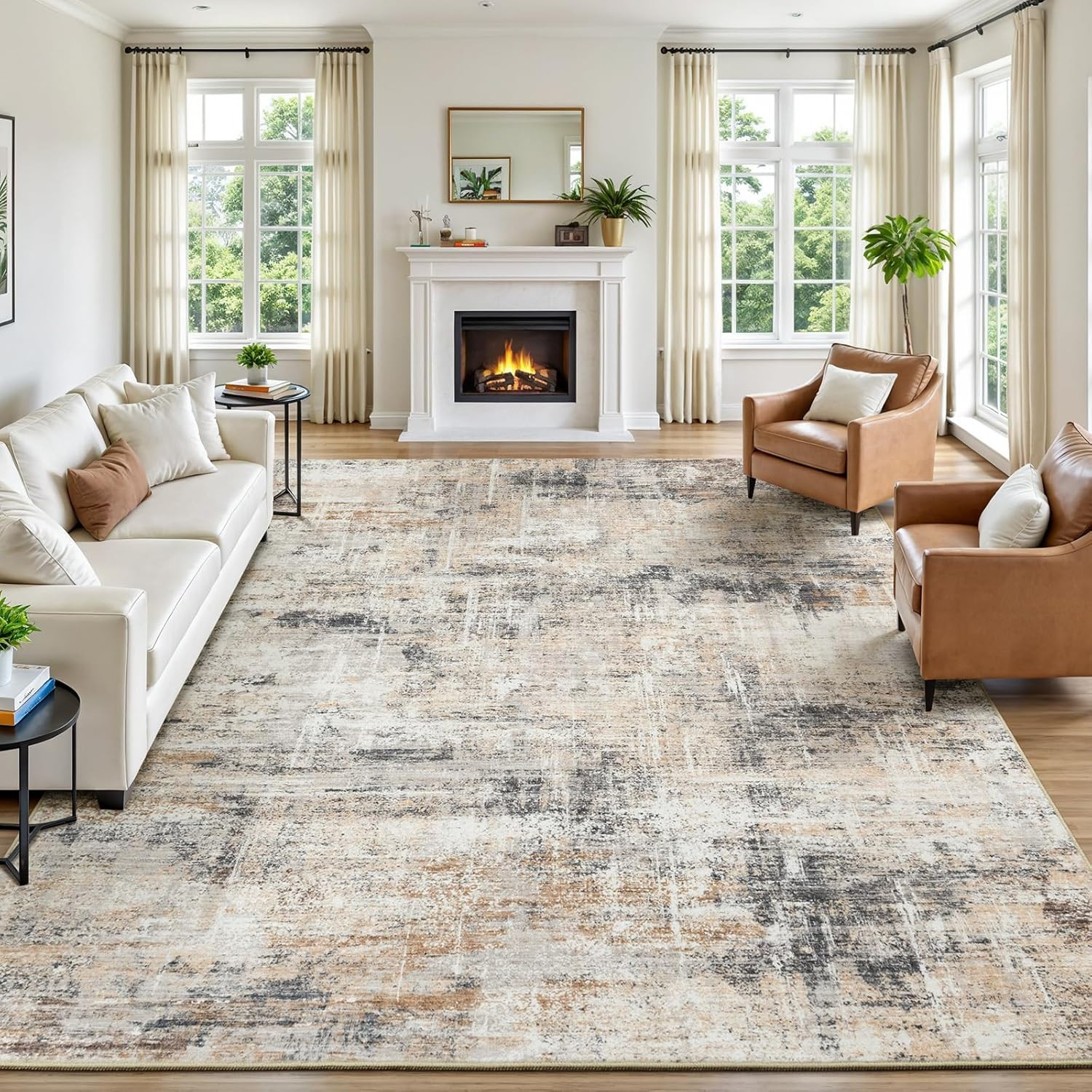 Lofus 8X10 Area Rug for Living Room, Gold Abstract Large Rugs with Non-Slip Back
