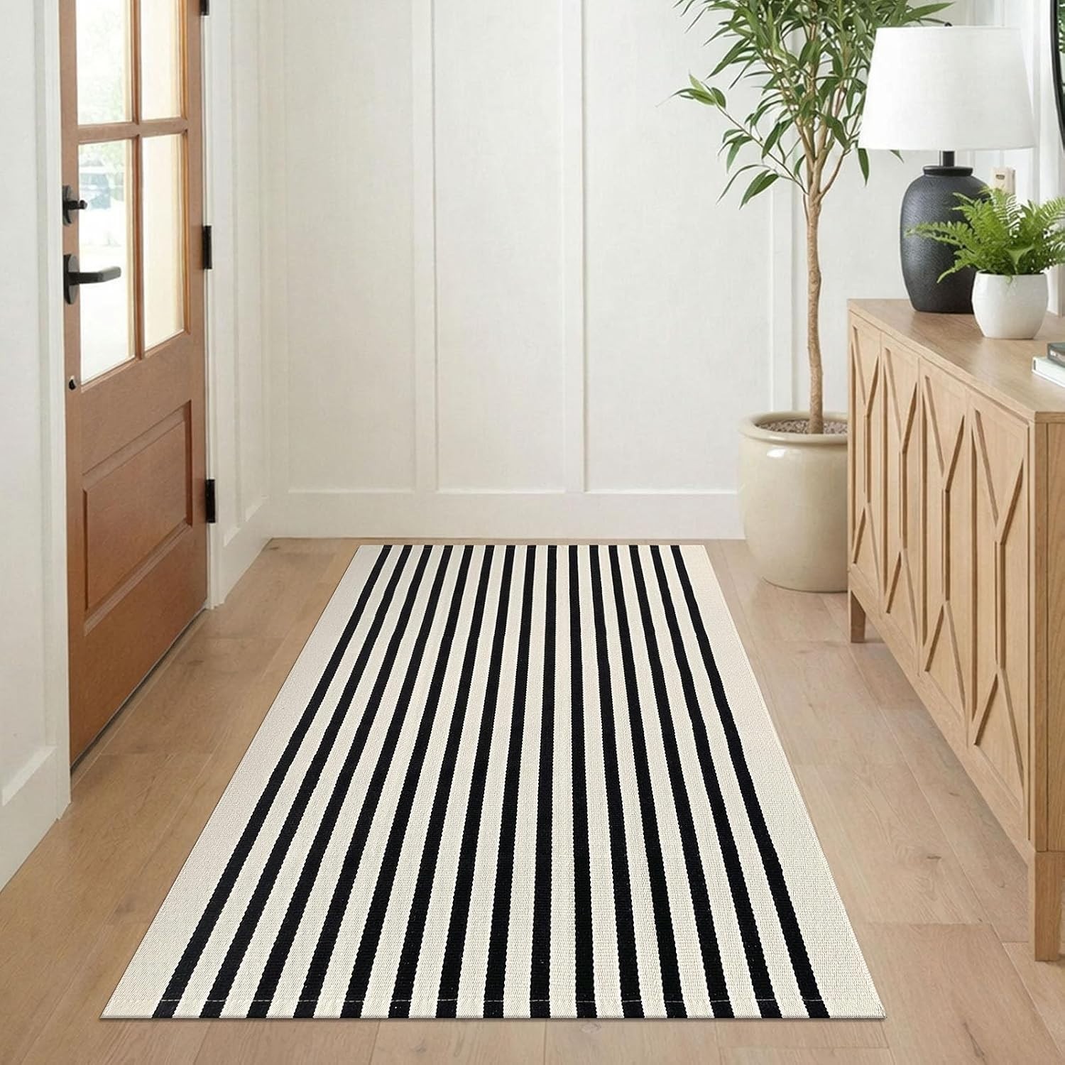 Low Pile 3×5 Beige Striped Rug Durable Cotton Polyester Blend for Indoors