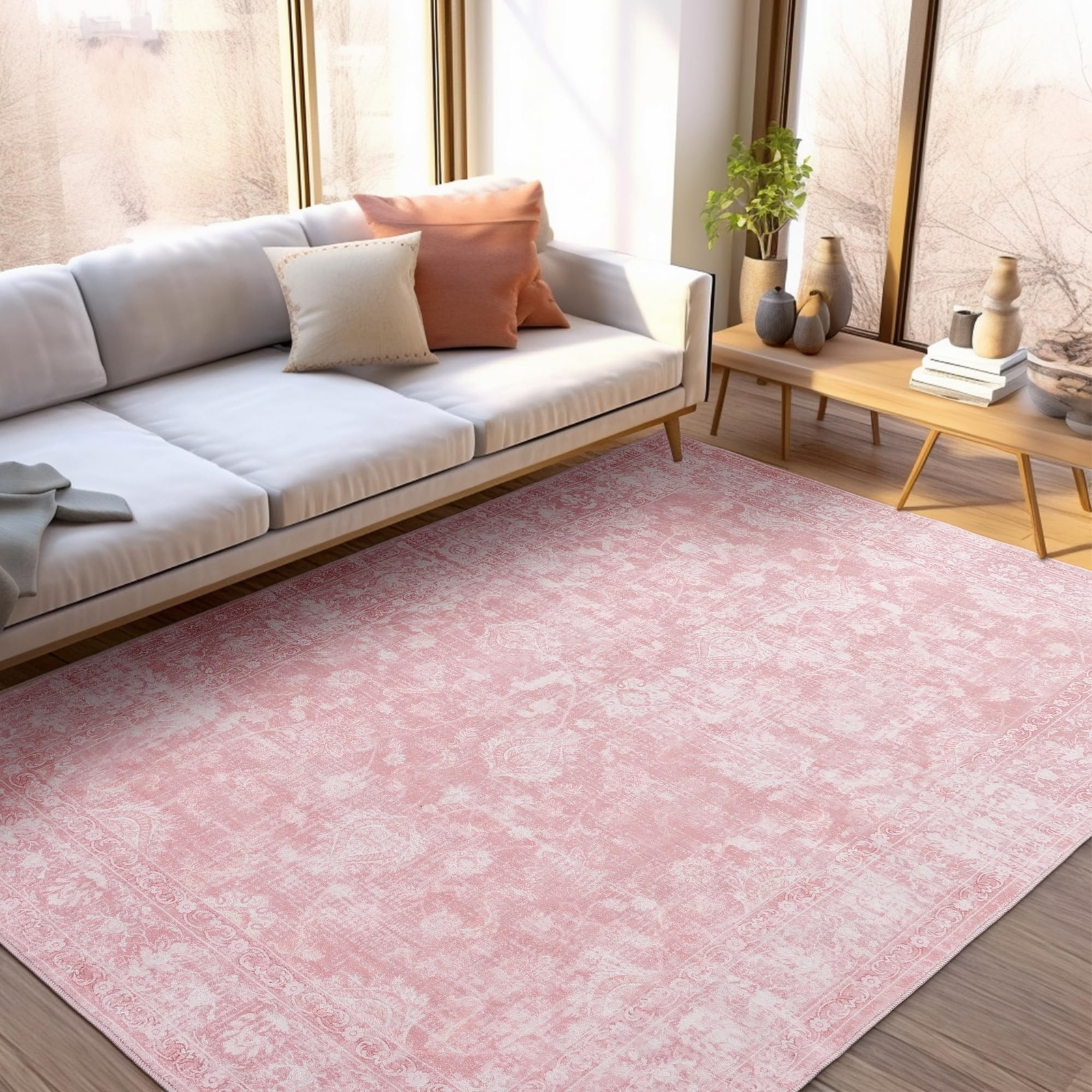 FROZZUR Boho Pink Area Rug 5×7 Large Vintage Rug for Living Room Bedroom Dini…
