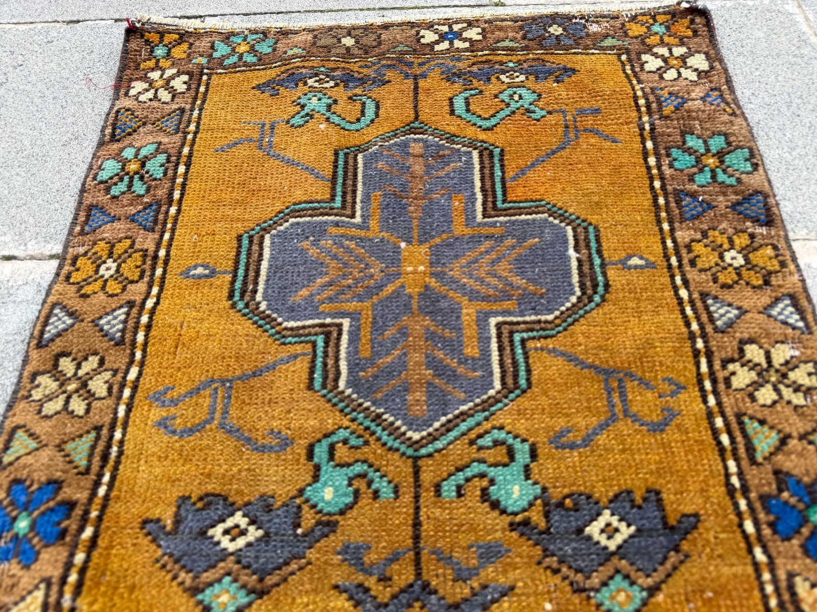 Vintage Oushak Rug 1.8×2 ft Mustard Yellow Turkish Boho Small Accent Rug
