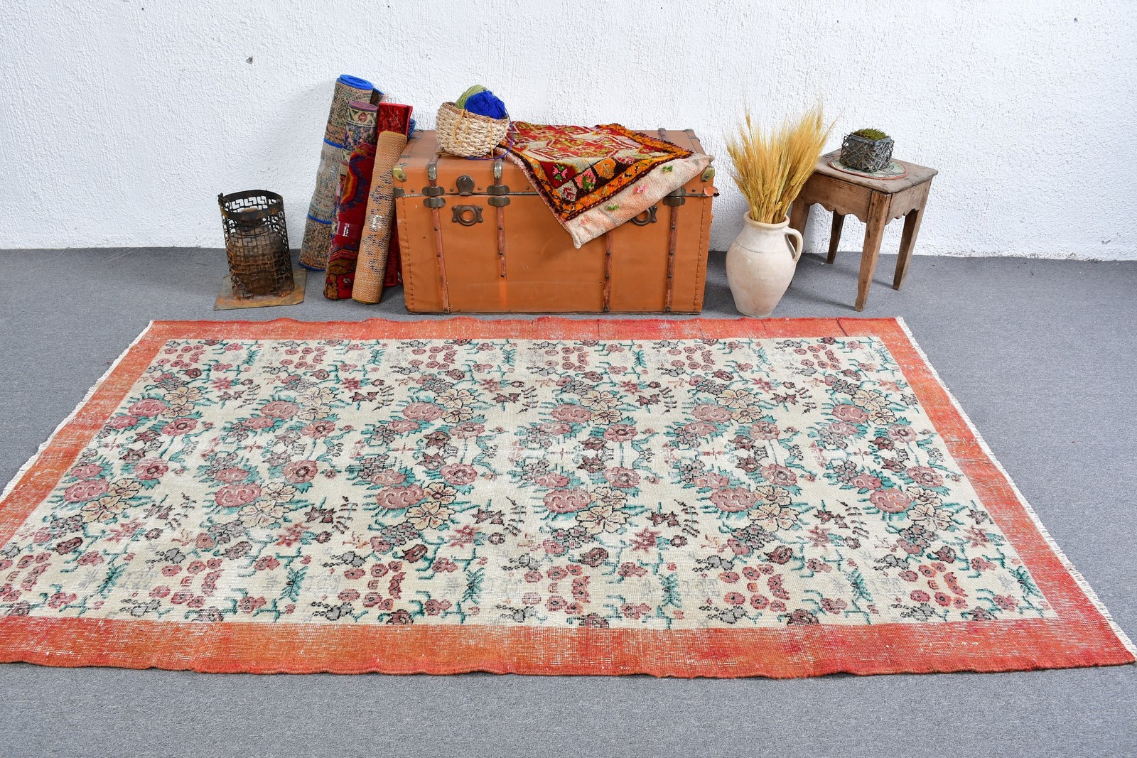 4,8×8 ft Rug, Vintage Turkish Rug, Red Pink Handmade Wool Rug