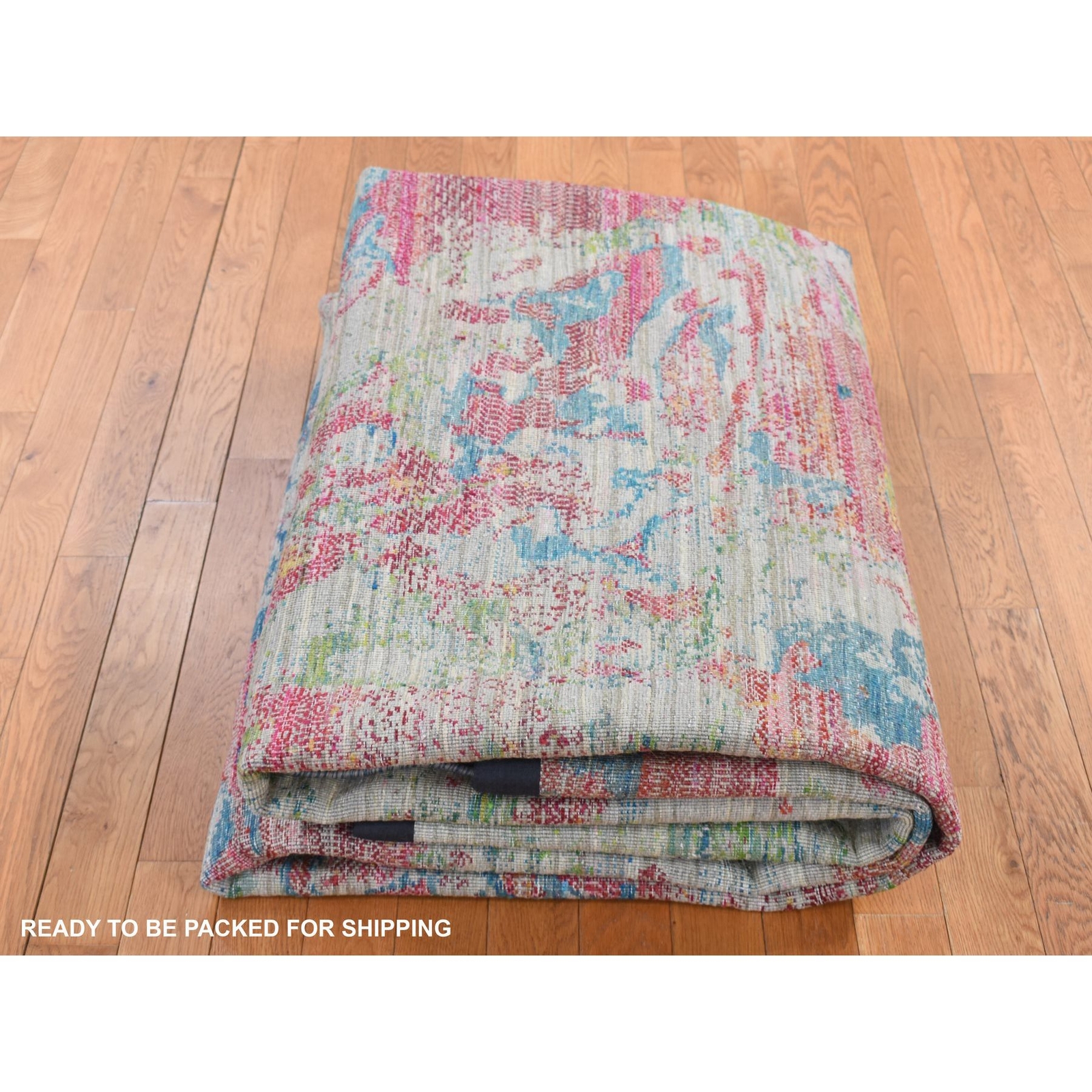 8’10” x 12’2″ Gray Abstract Design Sari Silk with Wool Hand Knotted Rug R87140