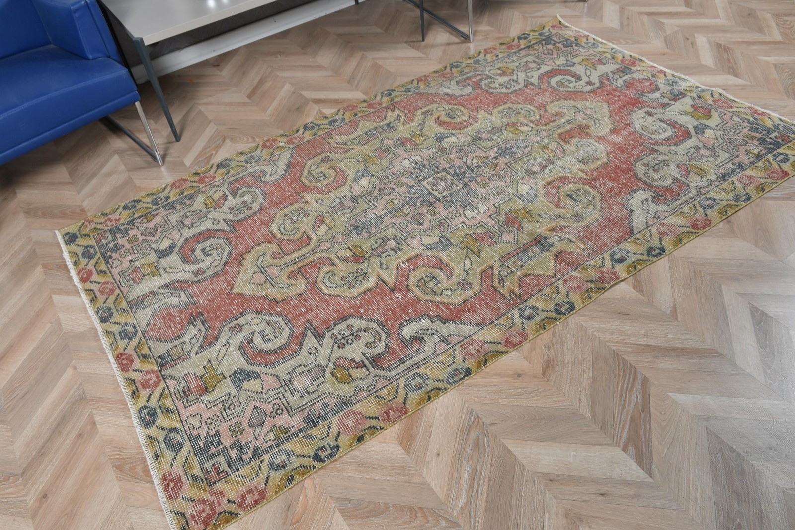 Turkish Vintage Area Rug 4,2×7,3 ft, Red Yellow Ombré Wool Rug