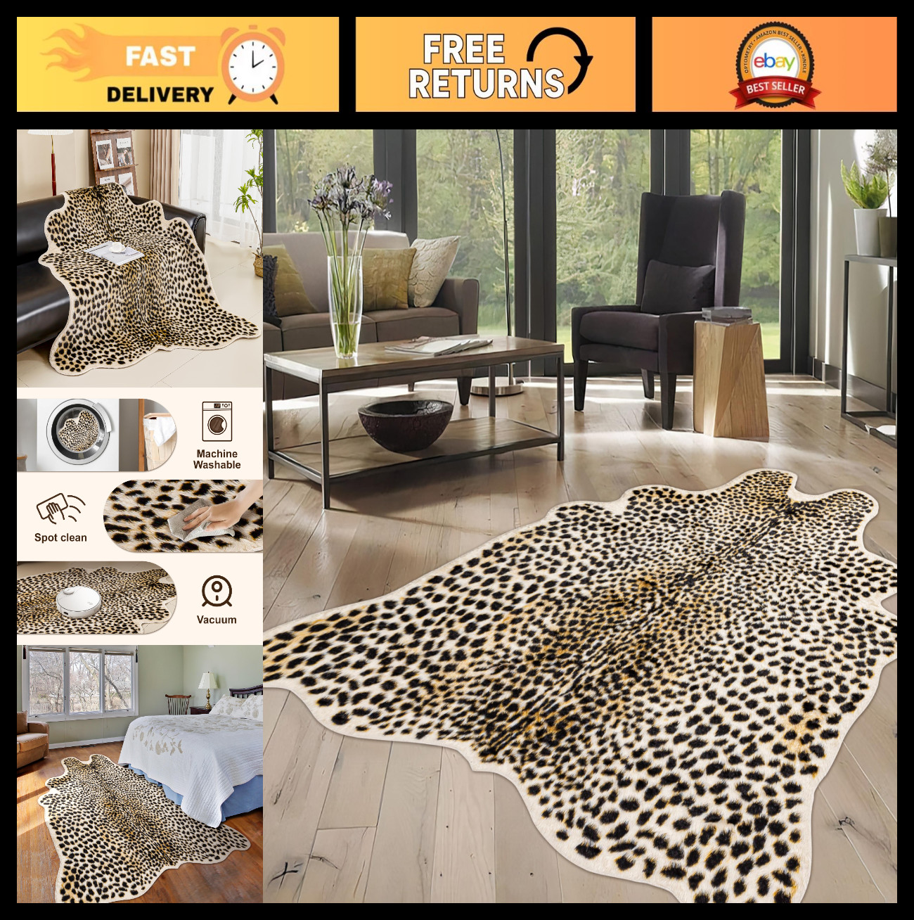 Cheetah Print Area Rug 5.2×7 – Faux Animal Skin, Leopard Design for Living Room