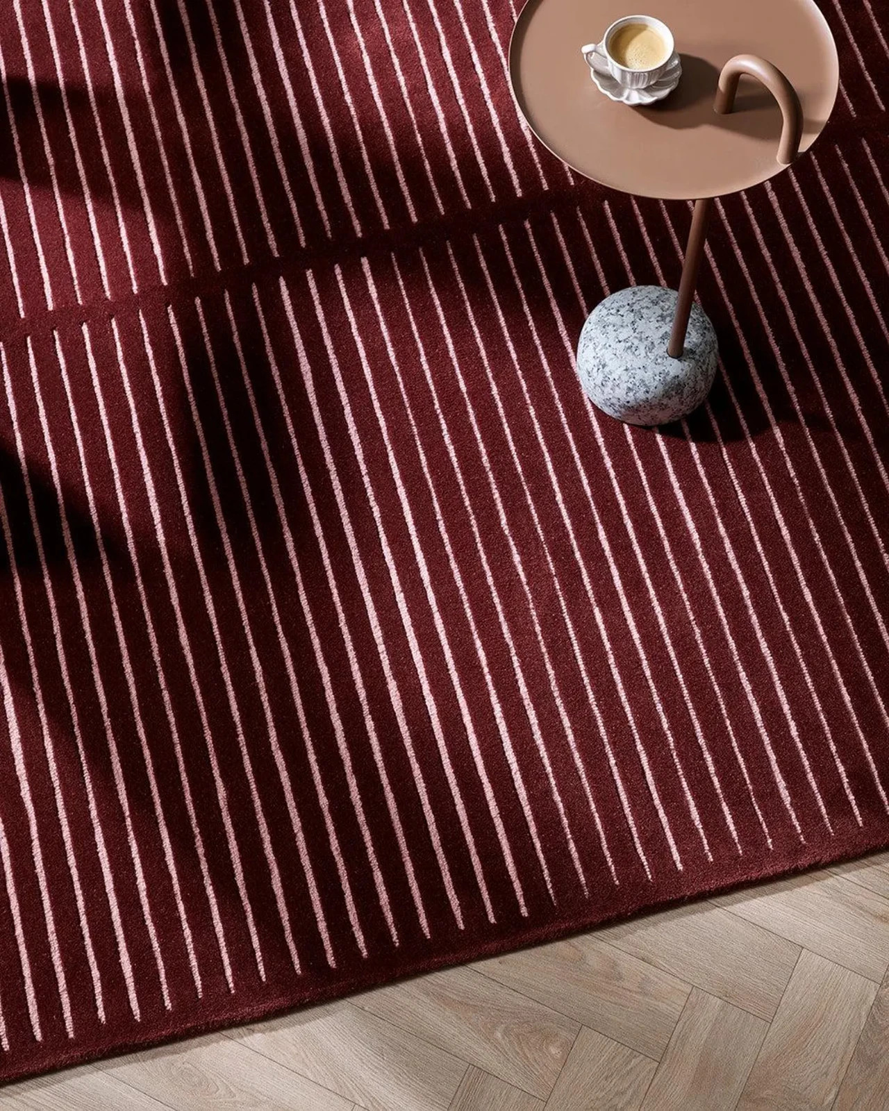 Hand Tufted Red Striped Area Rug | Minimalist Maroon Pink High Low Wool Rug.