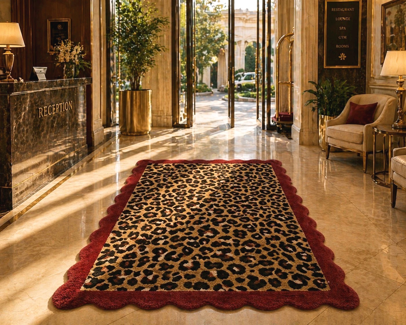 Wavy Border Leopard Print Wool Area Rug Scalloped Animal Pattern Hand Tufted Rug