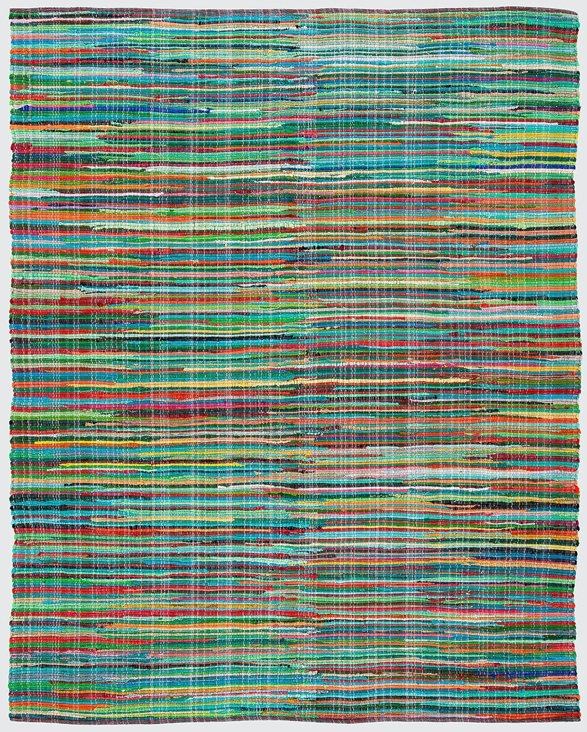 Handmade Boho Stripe Rag Rug – 9′ x 12′, Green & Multi, Durable for High Traffic