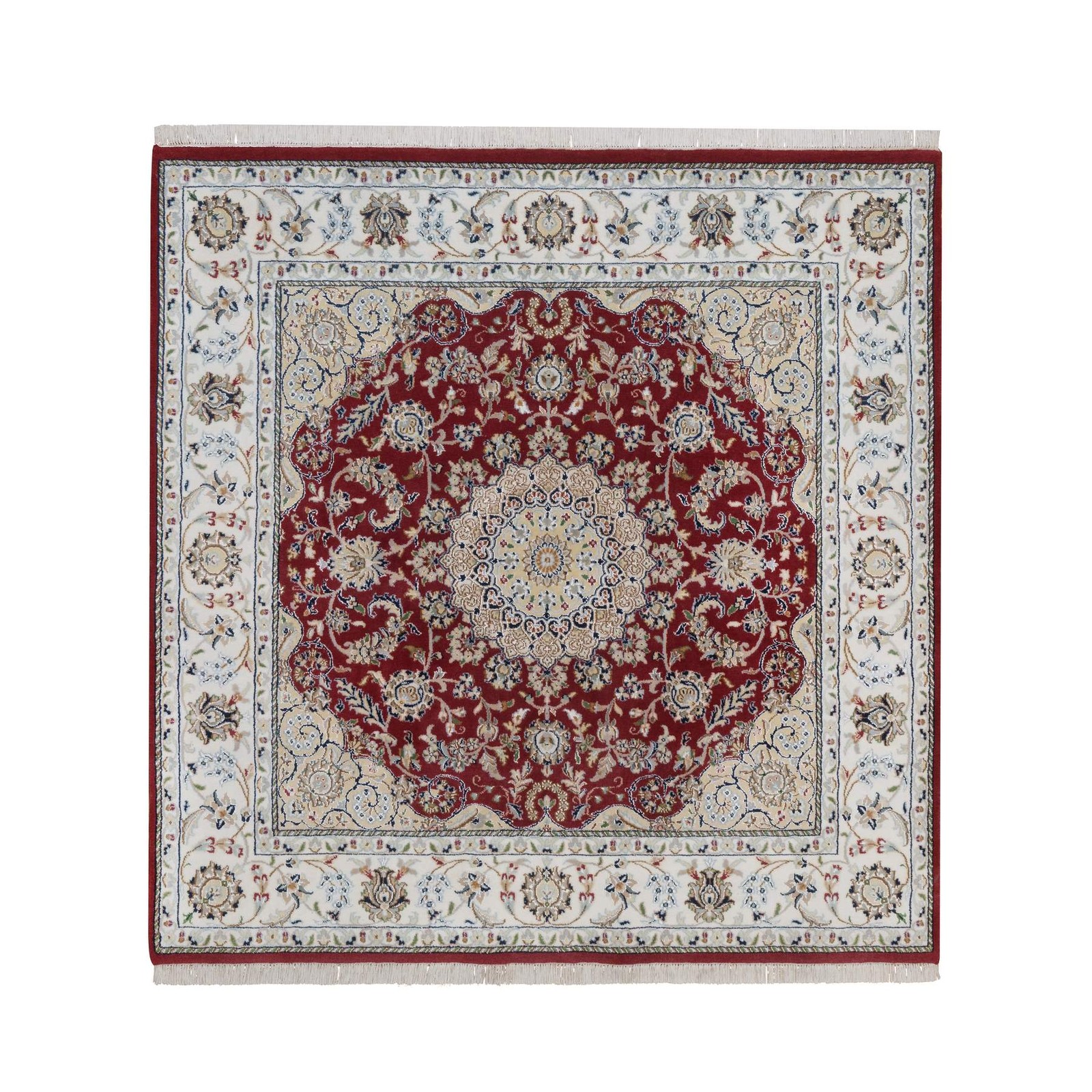 6’x6′ Red Nain with Medallion Design Hand Knotted Wool and Silk Square Rug 92568