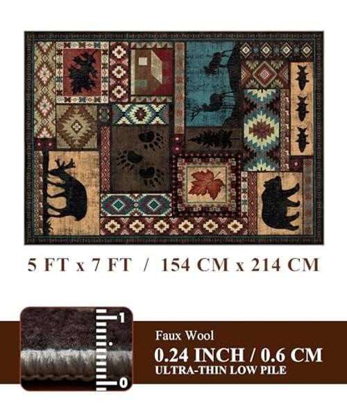 Rustic Cabin Area Rug 5×7,Machine Washable Lodge Bear Rug,Non-Slip Low Pile