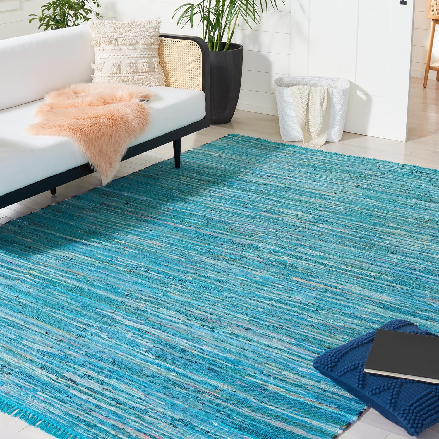 Handmade Boho Stripe Rag Rug – 10′ x 14′, Blue & Multi, Durable for High Traffic