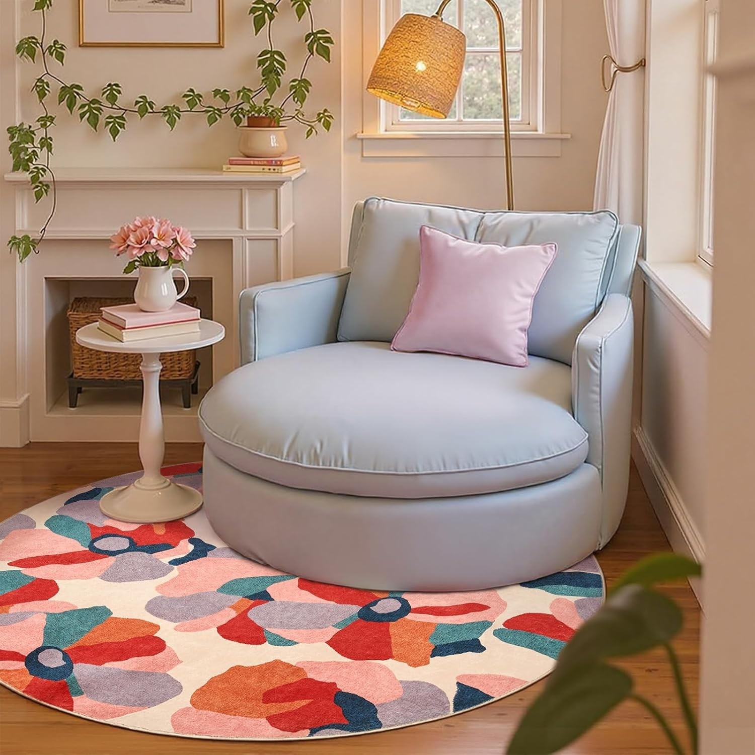 Jinchan 5 Ft Floral Round Rug Washable Non Slip Living Room Mat