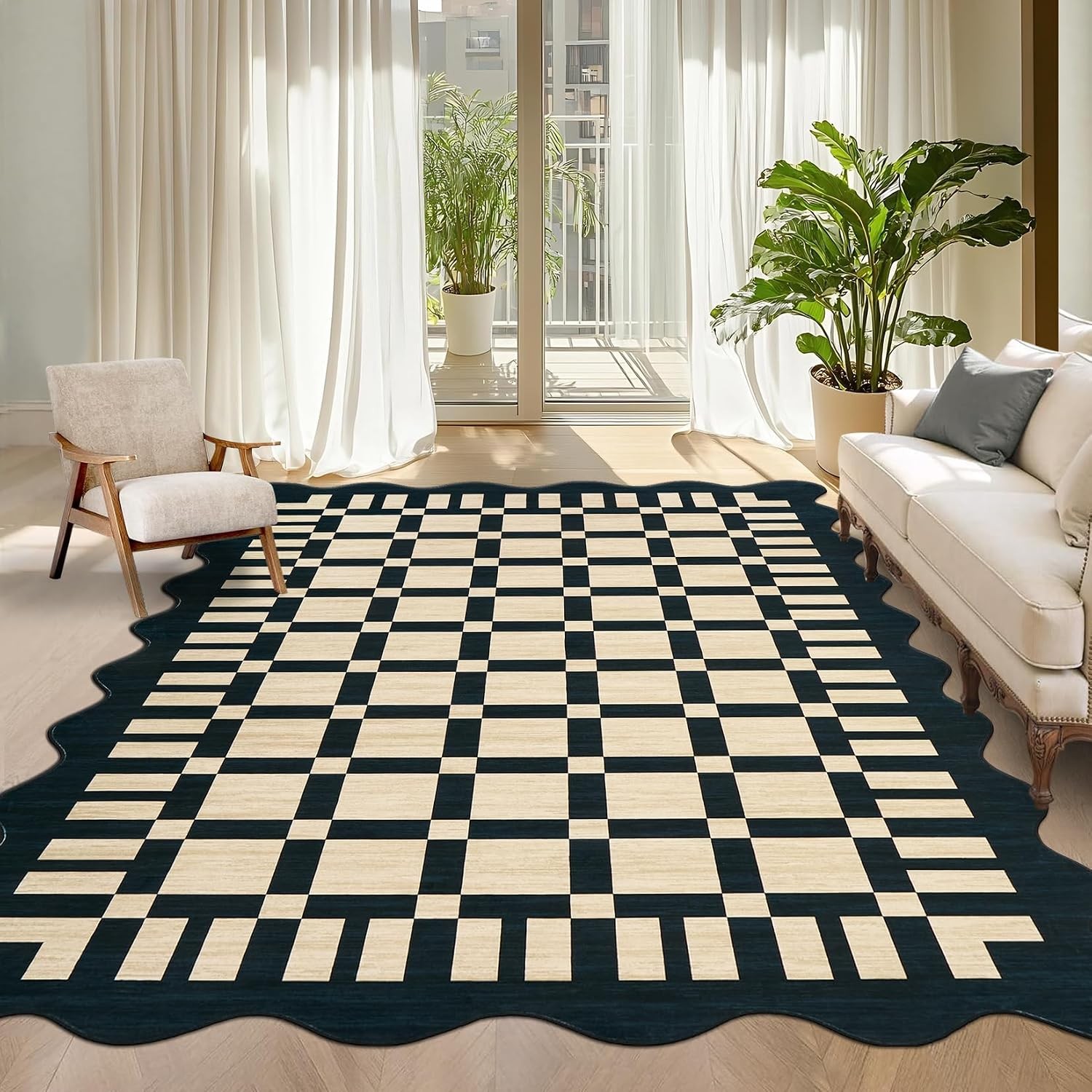 Garvee Scalloped Checkered 5×7 Area Rug Washable Non Slip Living Dining Bedroom