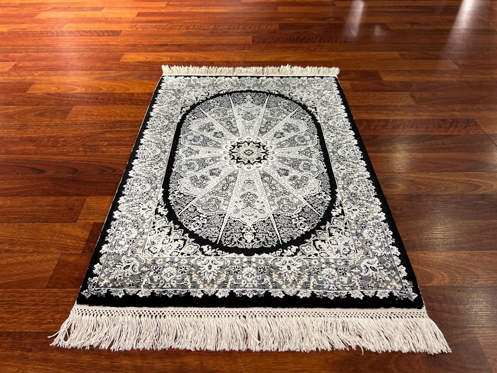 Small Black Gray Silk Rug, Classic Medallion Design, Wall Decor Mat, Table Mat