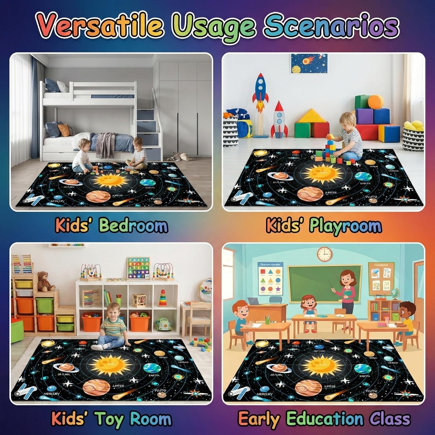 Space Rug Kids Playroom Carpet Educational Planet Solar System 2×3