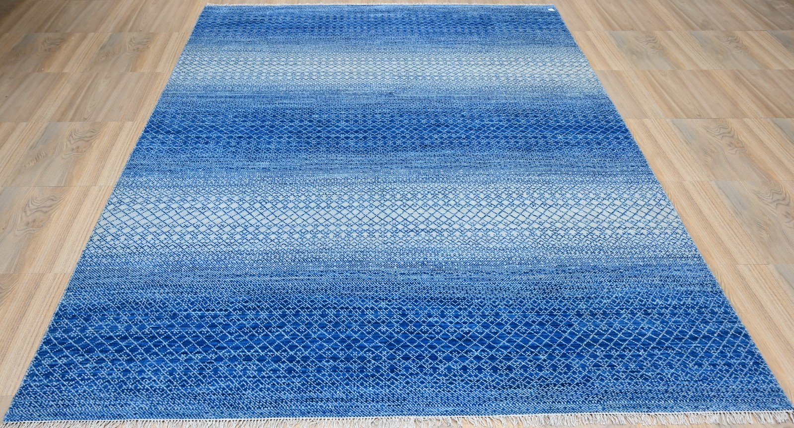 Modern Hand-Knotted 9×12 Rug, Blue/Off White Lattice Geometric Carpet