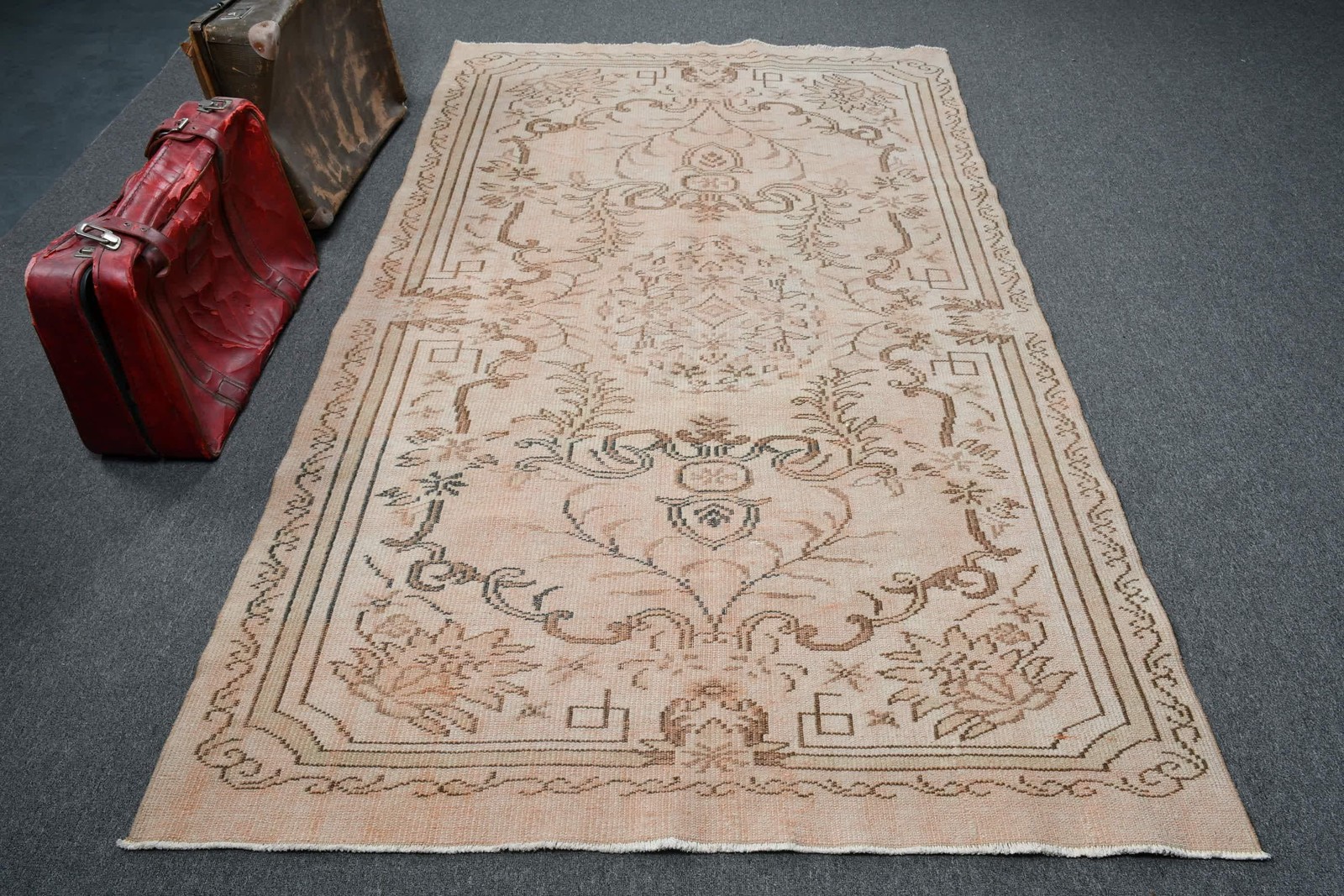 4,8×8,3 ft Turkish Vintage Rug, Area Rug, Brown White Bordered Wool Rug