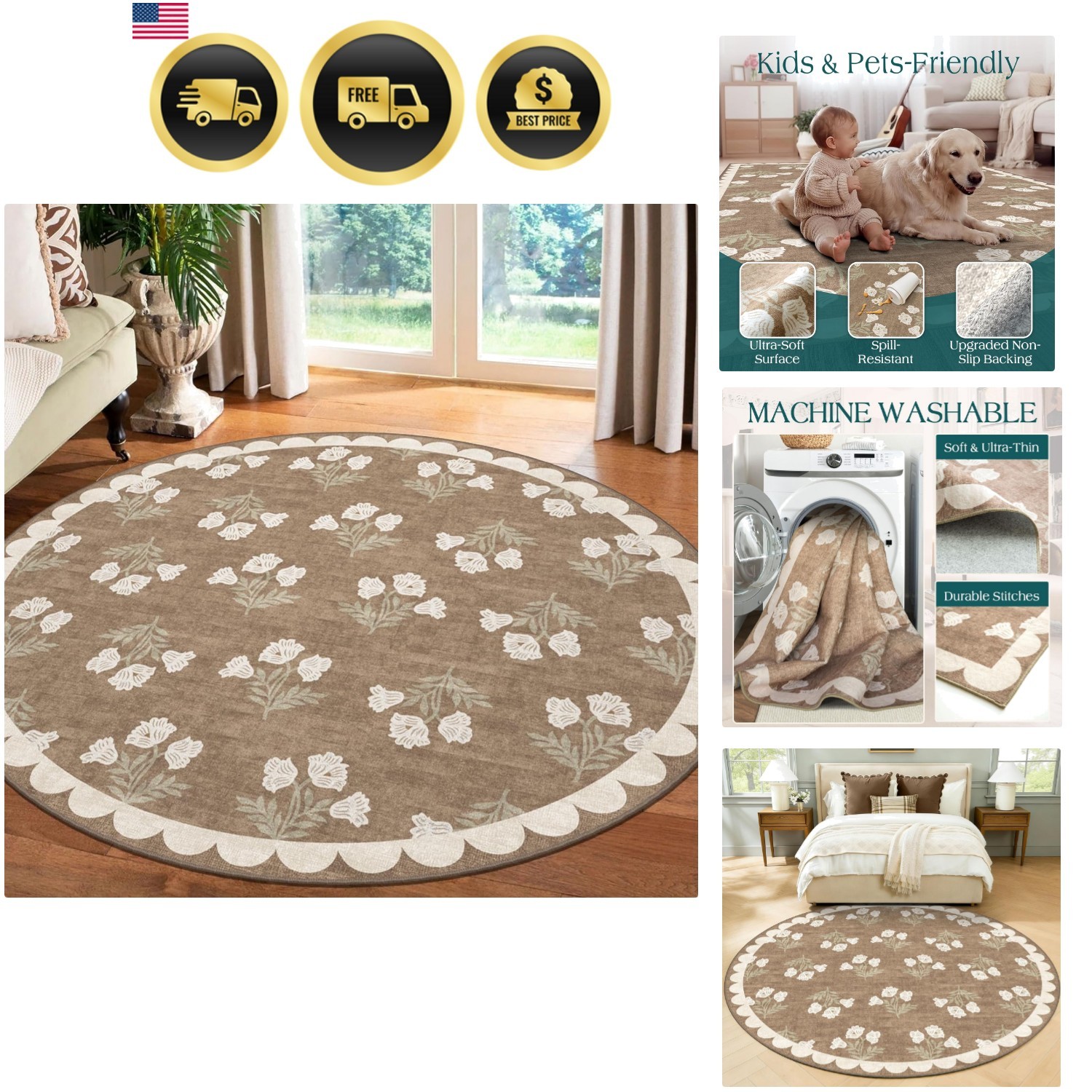 Tan 6ft Round Area Rug for Living Room – Large Washable Floral Neutral Farmho…