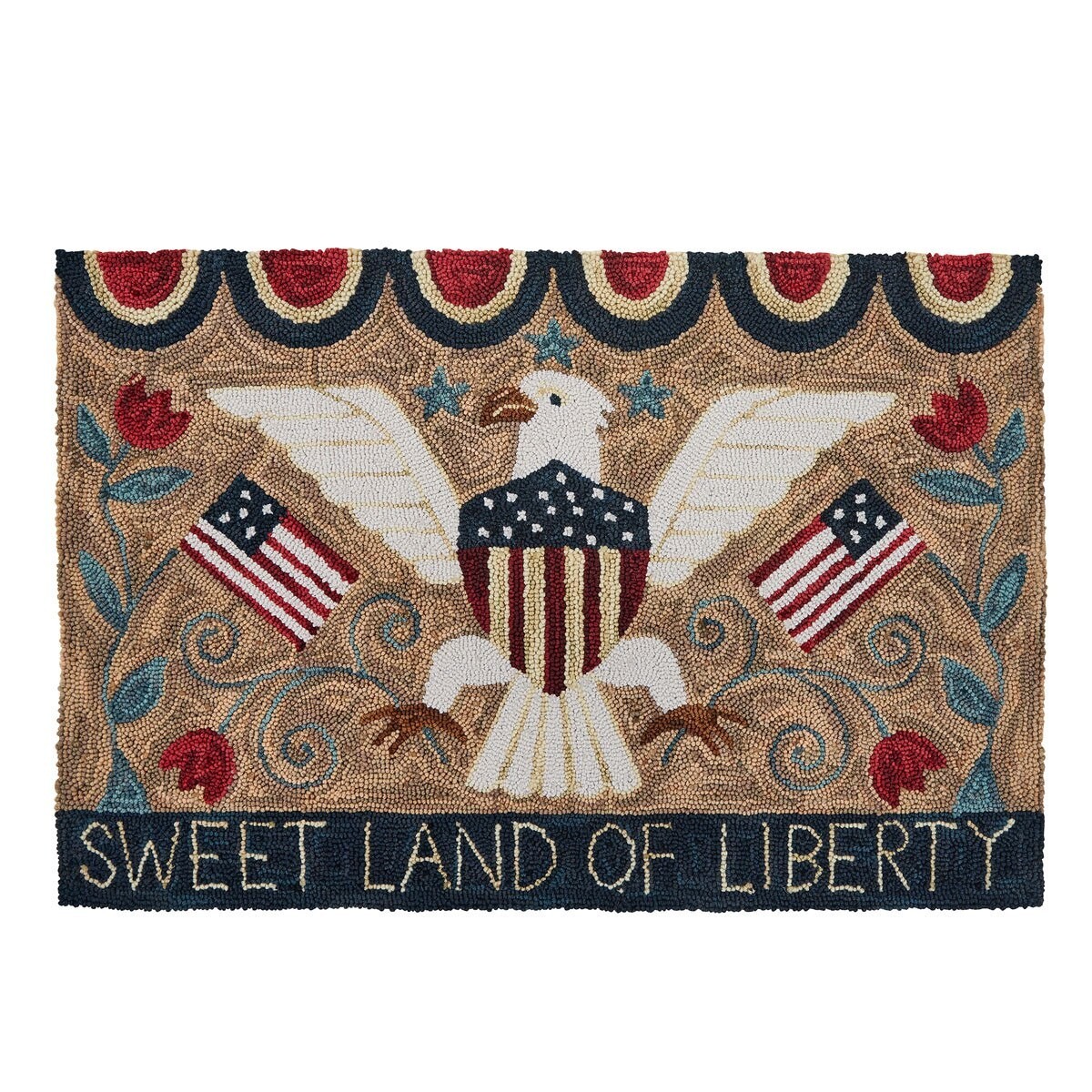 Patriotic Hooked Rug Primitive Farmhouse Country Sweet Land of Liberty 2 x 3 ft