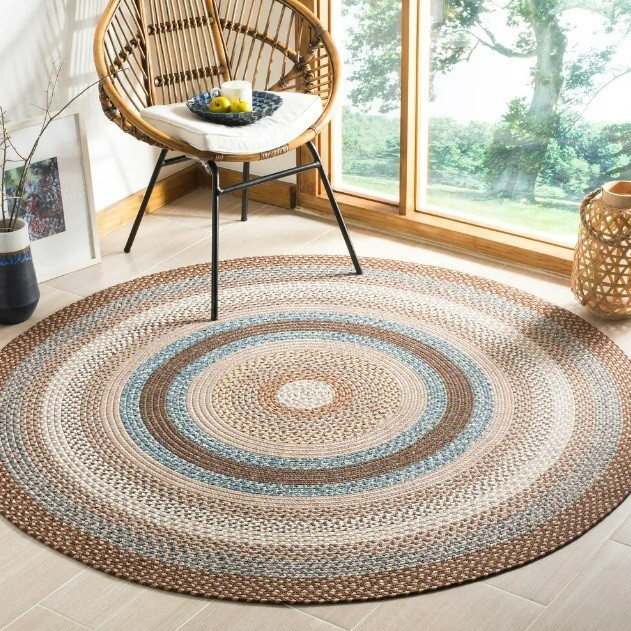 6′ Round Country Braided Rug Rustic Farmhouse Cabin Decor Brown Tan Blue Carpet