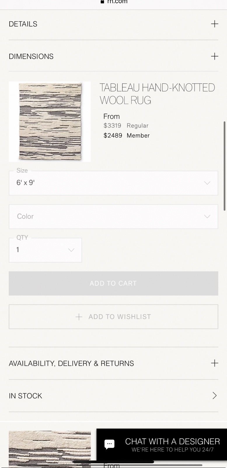 Restoration Hardware 6×9” TABLEAU HAND-KNOTTED WOOL Rug