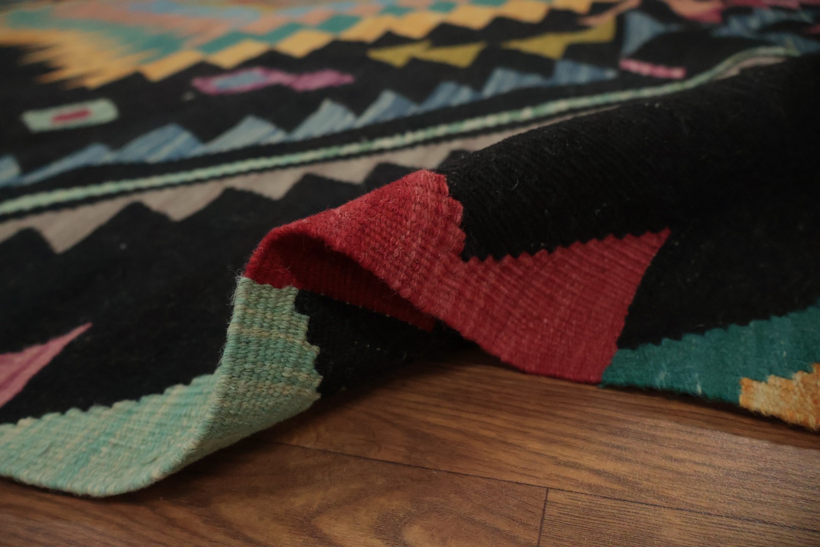 Black Geometric Kilim Area Rug 8×12 Hand-woven Turkish for a Vibrant Home Decor